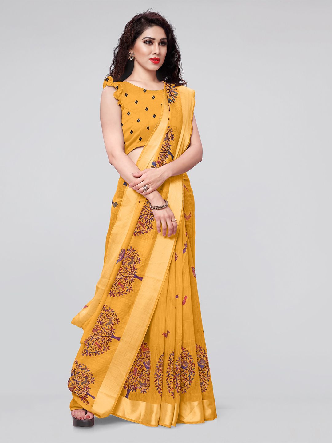 Dhimhi Women's Mustard & Purple Ethnic Motifs Saree
