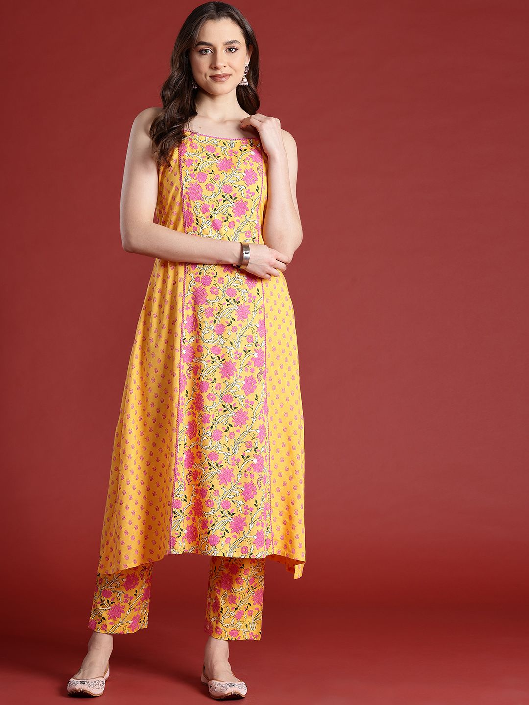 Dhimhi Women's Floral Printed Shoulder Straps A-Line Kurta Set