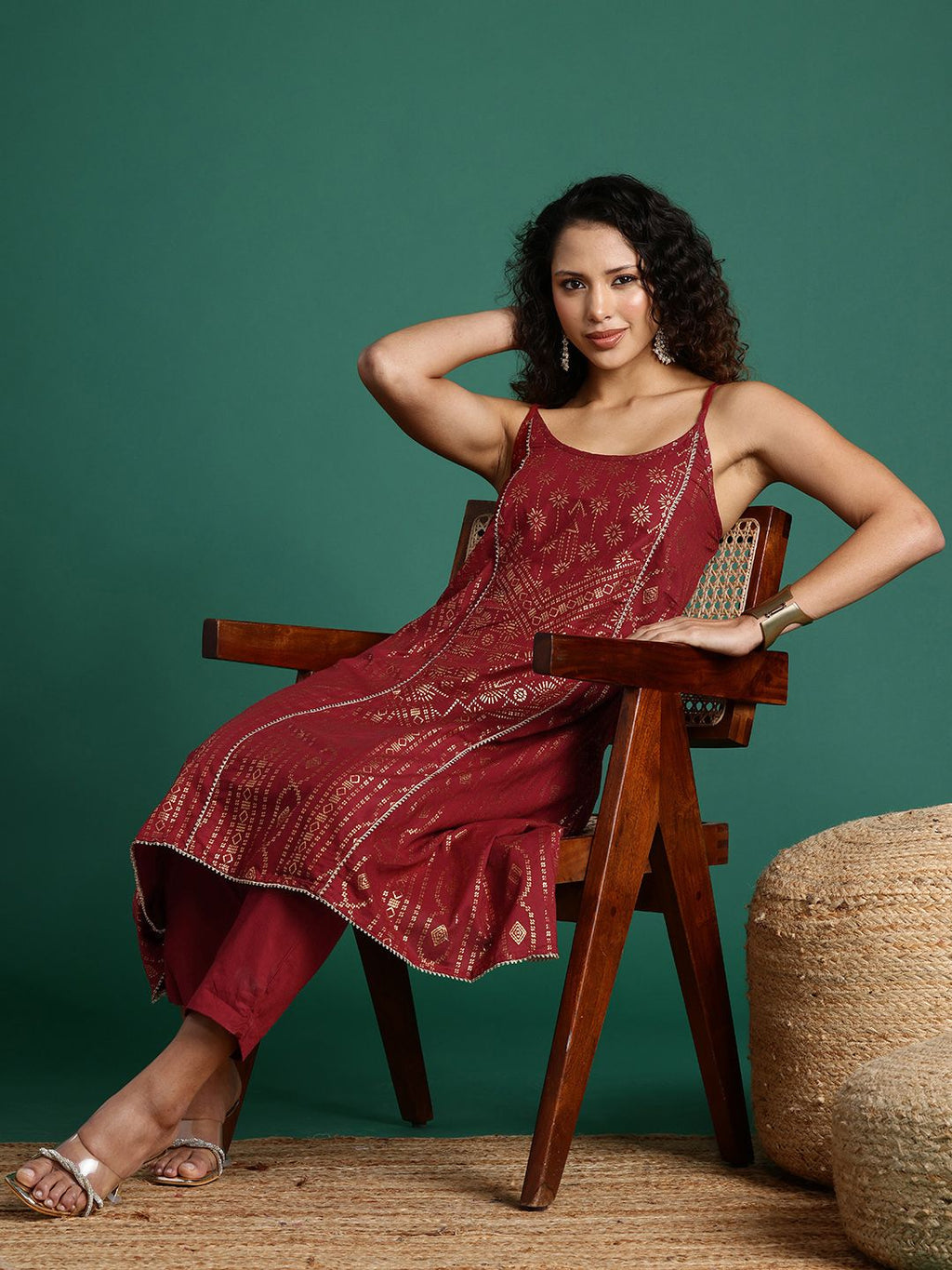 Dhimhi Women's Ethnic Foil Printed Shoulder Straps Pure Cotton Kurta Set