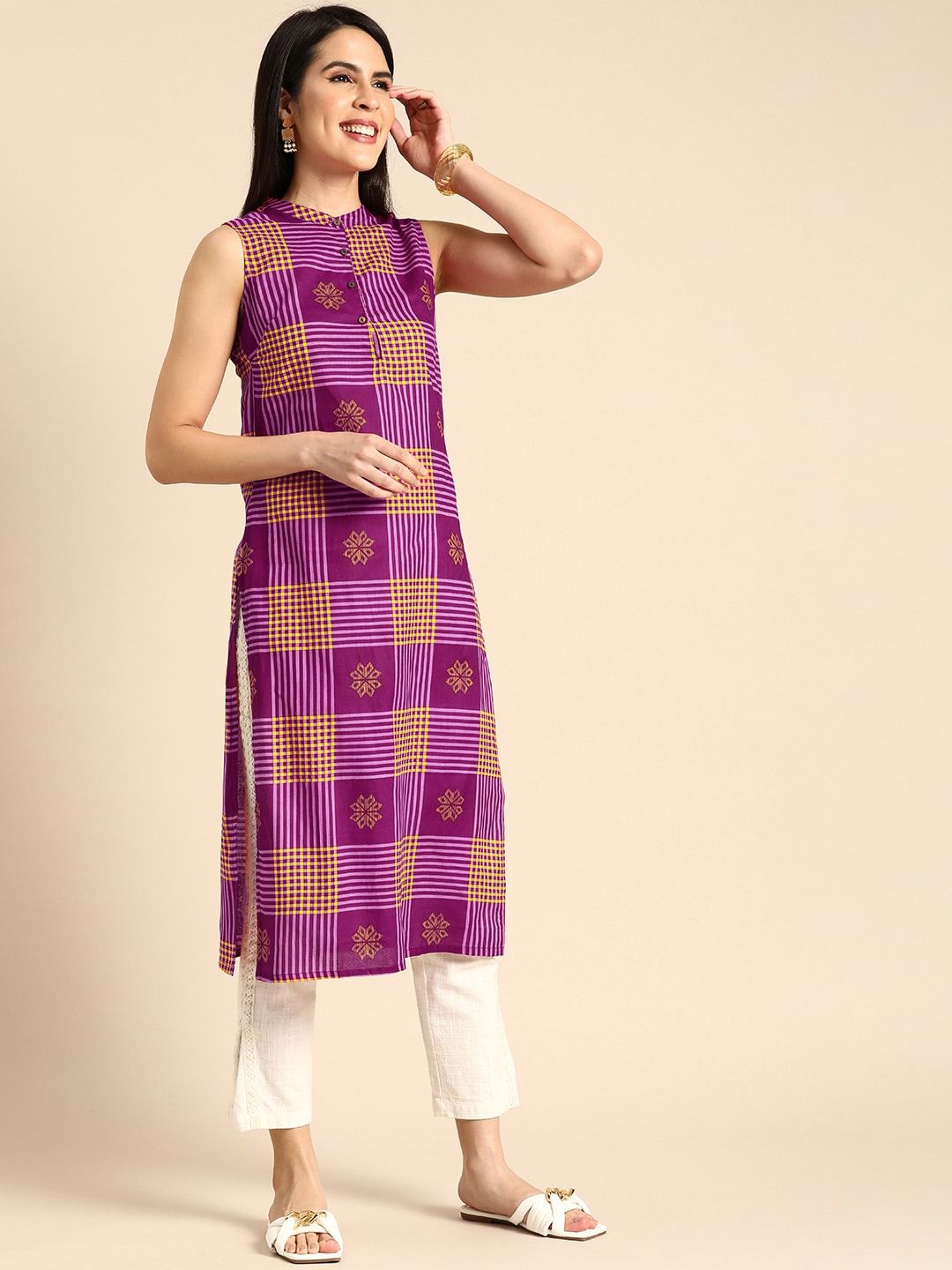 Women Checked & Ethnic Motifs Print Band Collar Pastels Cotton Straight Kurta
