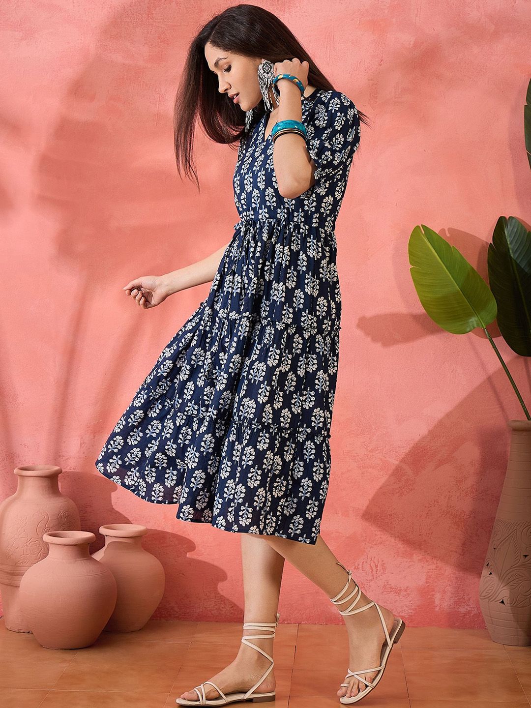 Dhimhi Women's Printed Pure Cotton A-Line Ethnic Dress