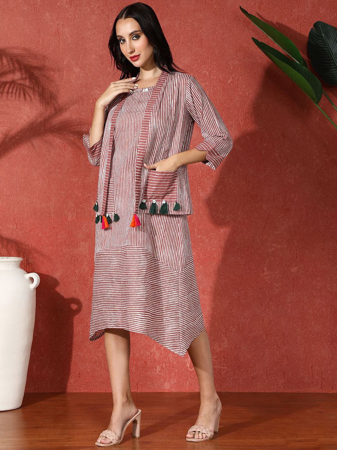 Dhimhi Women's Striped Embroidered Pure Cotton EthnicDress