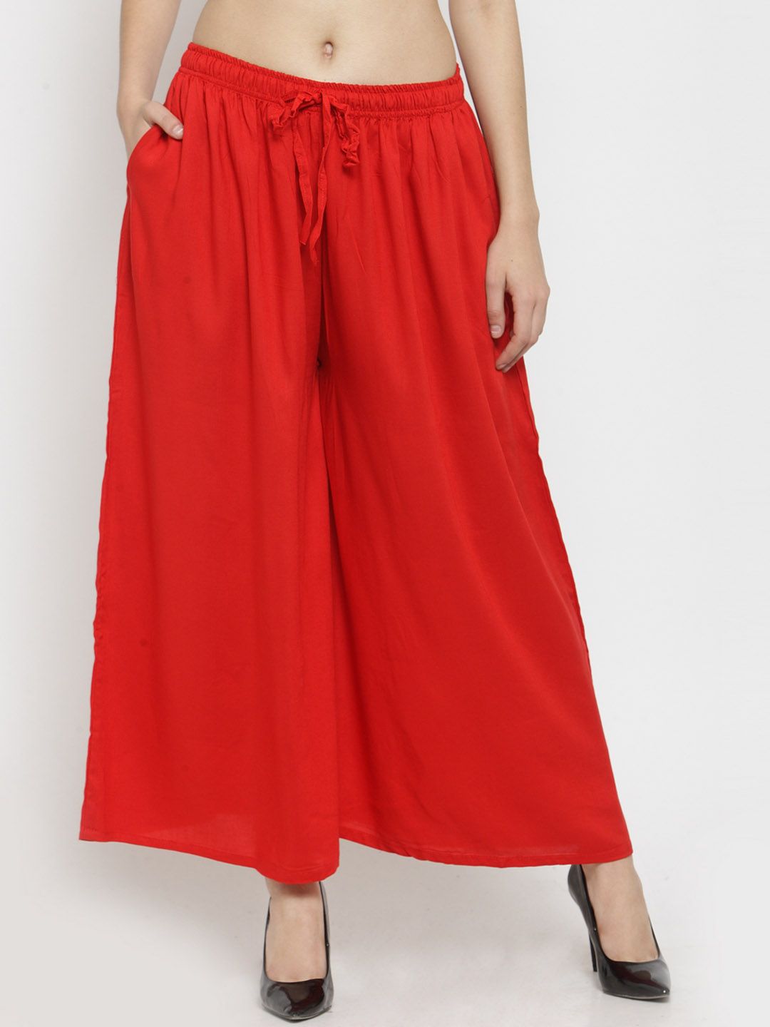 Dhimhi Women's Red Solid Flared Palazzos