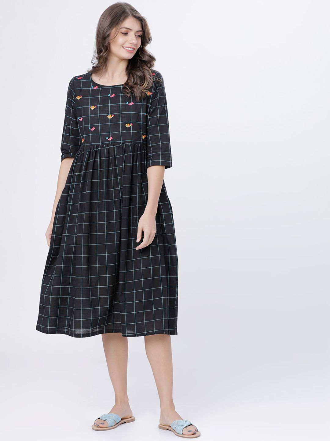 Dhimhi Women's Black Checked Fit and Flare Dress