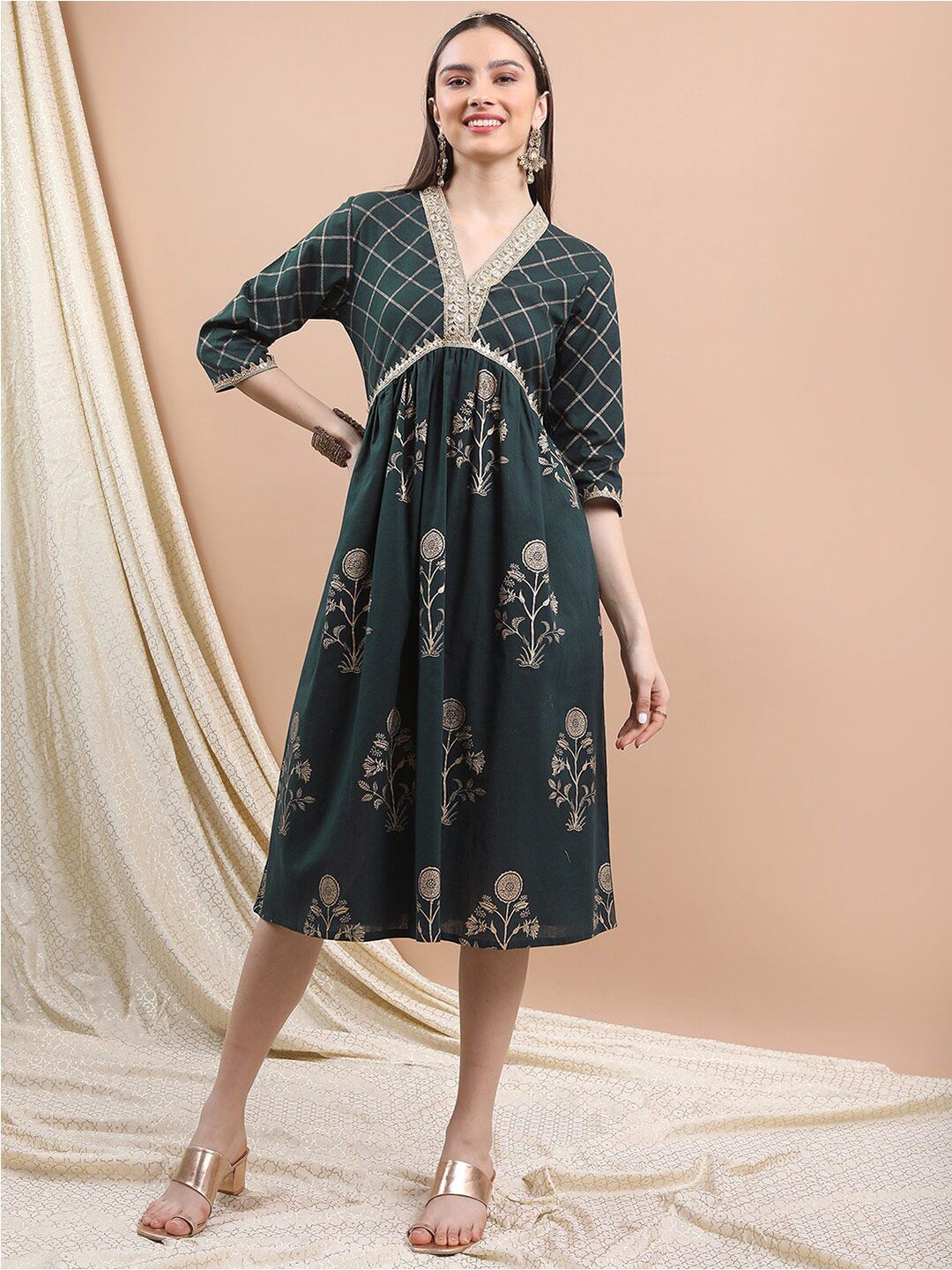 Dhimhi Women's V-Neck Floral Printed Sequined Fit & Flare Ethnic Dress