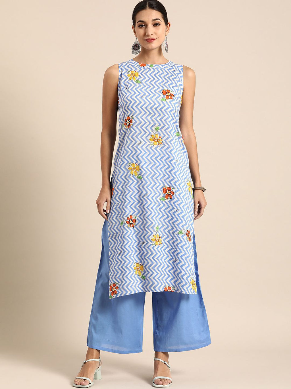 Dhimhi Women's Blue & White Chevron & Floral Print Cotton Kurta with Palazzos