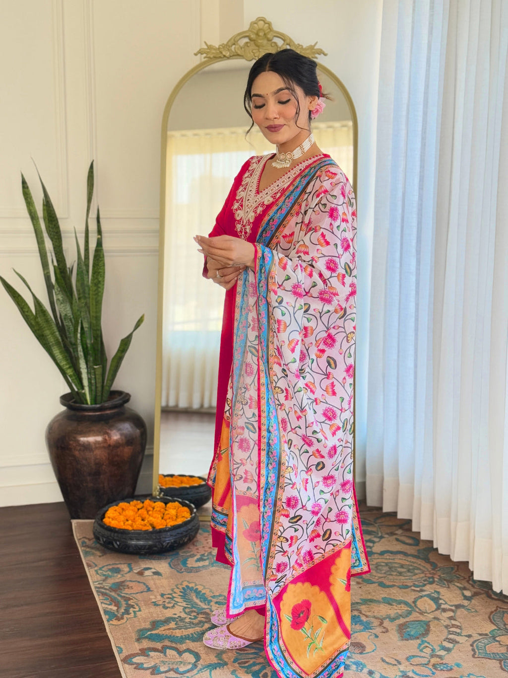 Dhimhi Women's Thread Work Rayon Fabric Straight Kurta, Pant and Dupatta Set