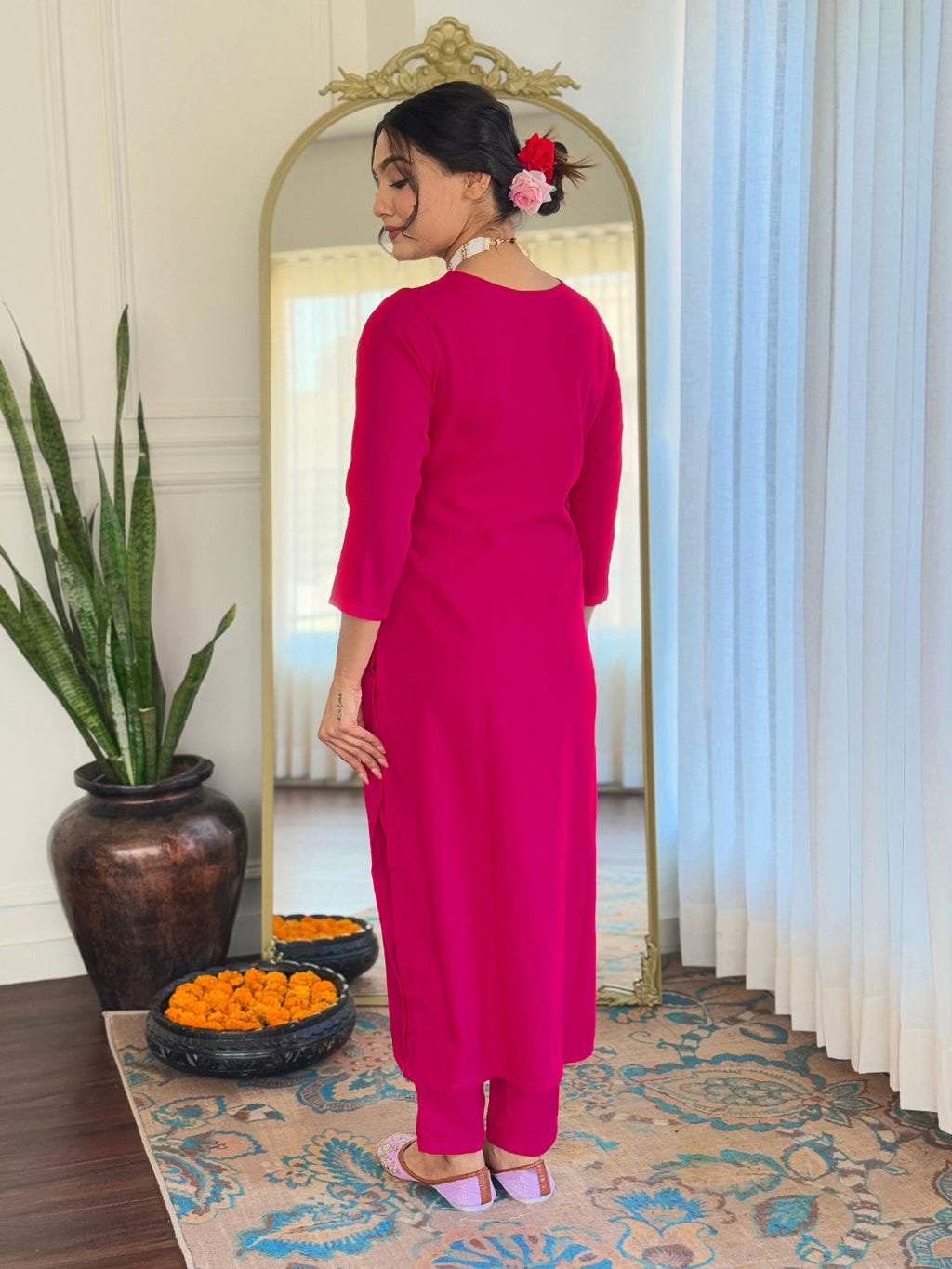 Dhimhi Women's Thread Work Rayon Fabric Straight Kurta, Pant and Dupatta Set