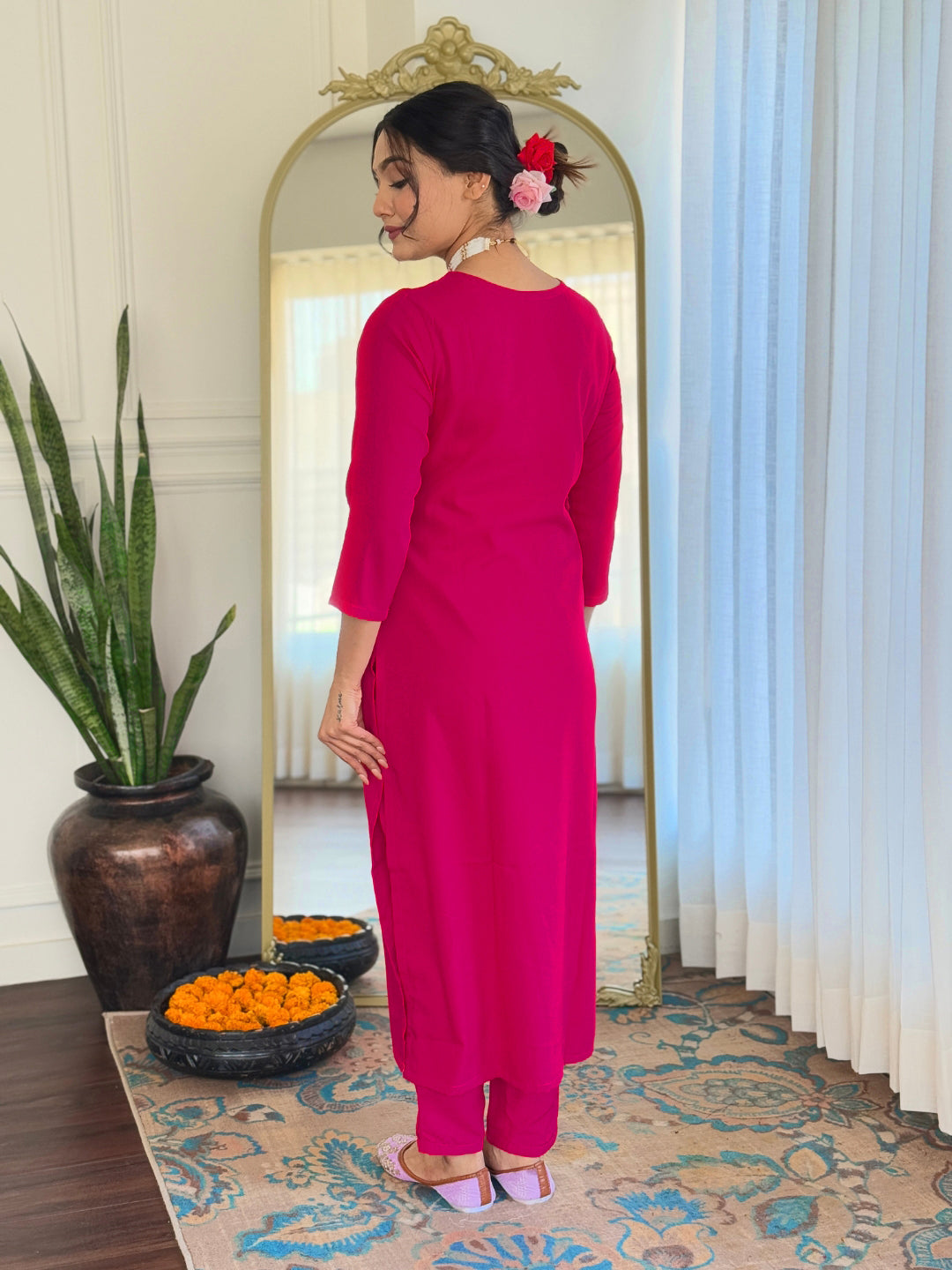 Dhimhi Women's Thread Work Rayon Fabric Straight Kurta, Pant and Dupatta Set