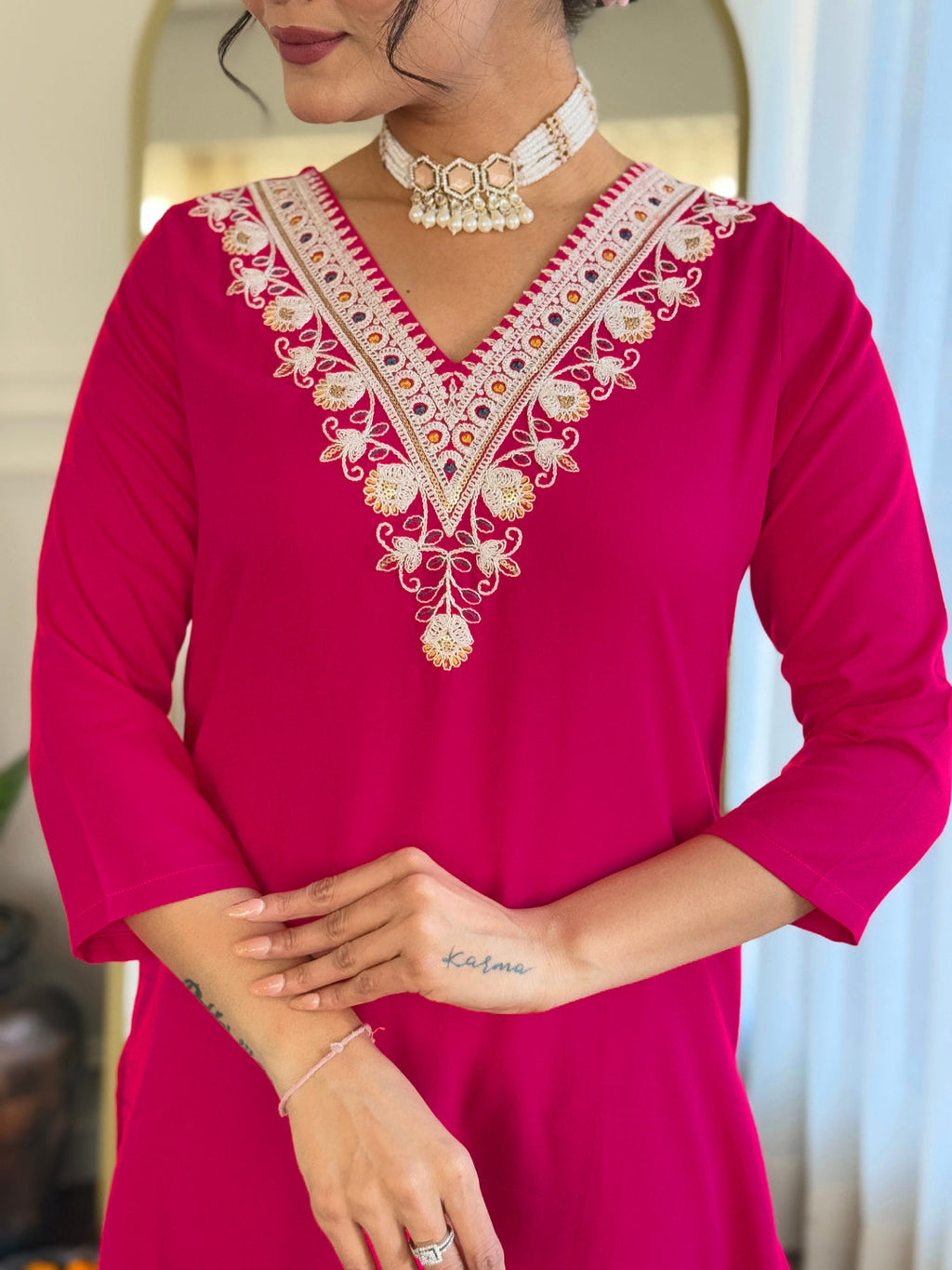 Dhimhi Women's Thread Work Rayon Fabric Straight Kurta, Pant and Dupatta Set