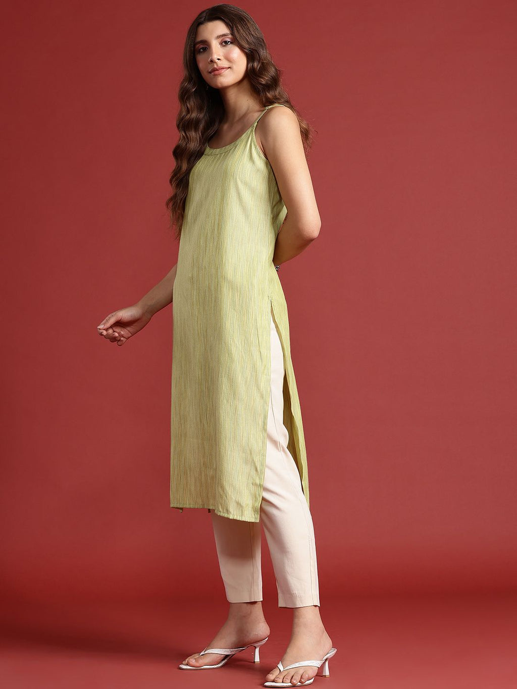 Shoulder Straps Woven Design Striped Straight Kurta