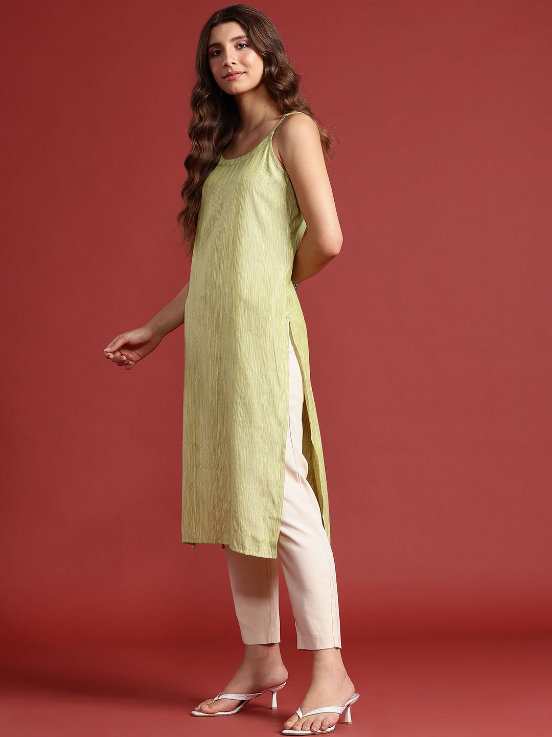 Shoulder Straps Woven Design Striped Straight Kurta