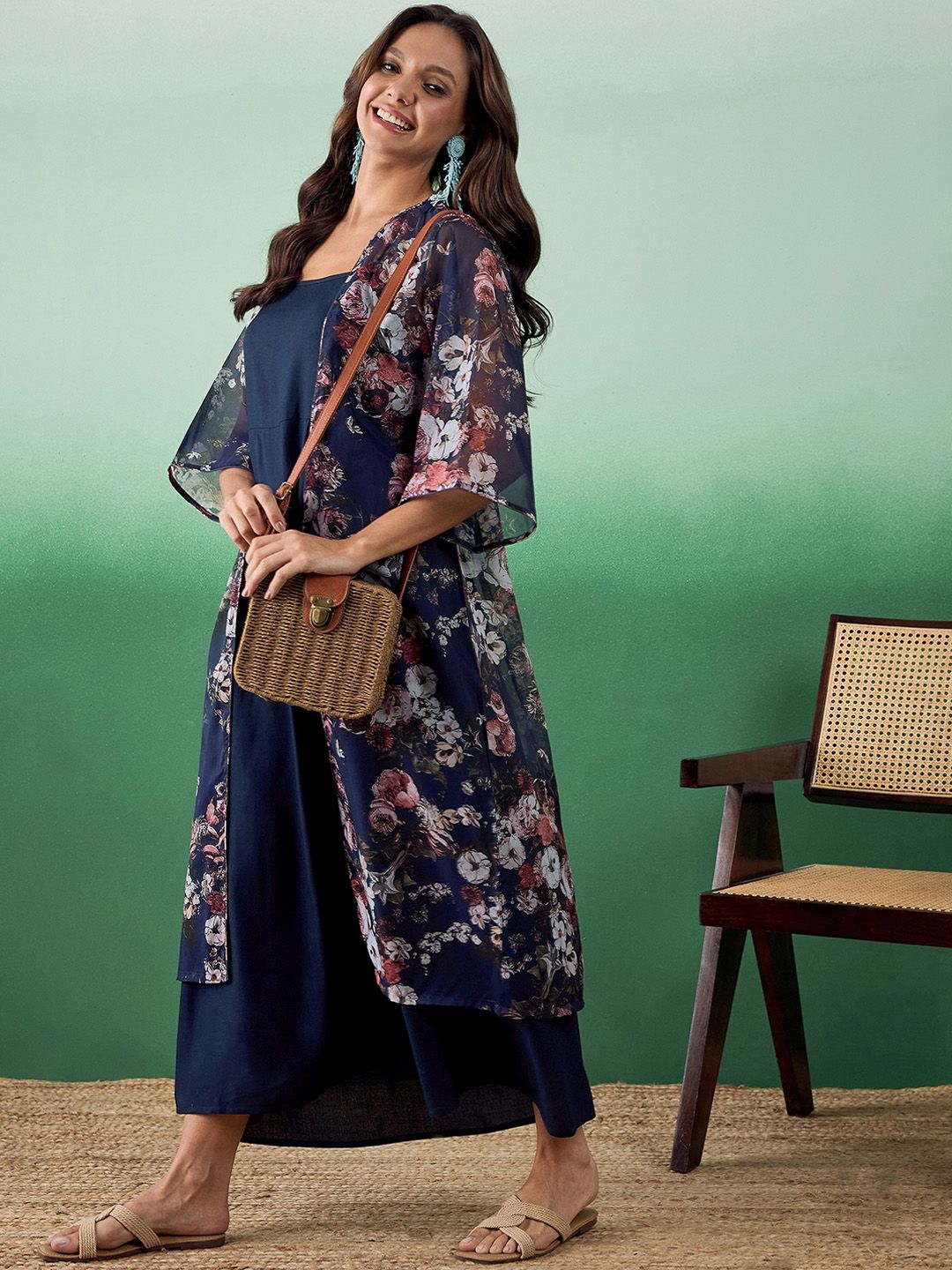 Dhimhi Women's Fit & Flare Ethnic Dress With Floral Printed Jacket
