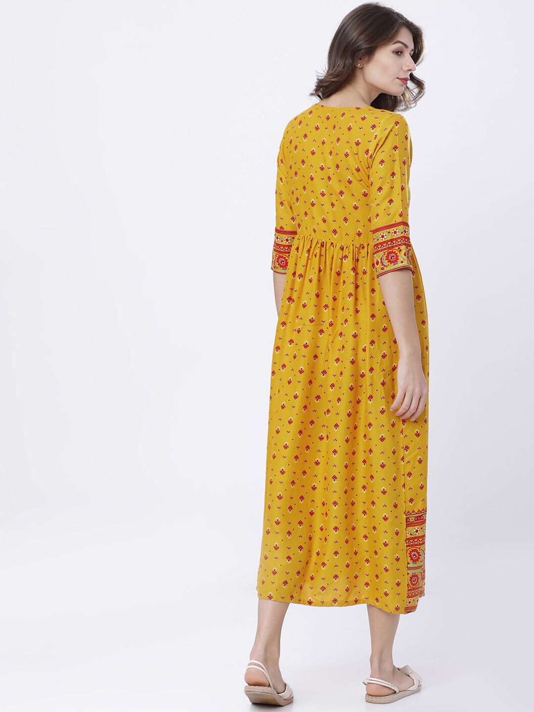 Dhimhi Women's Mustard Yellow Printed A-Line Dress