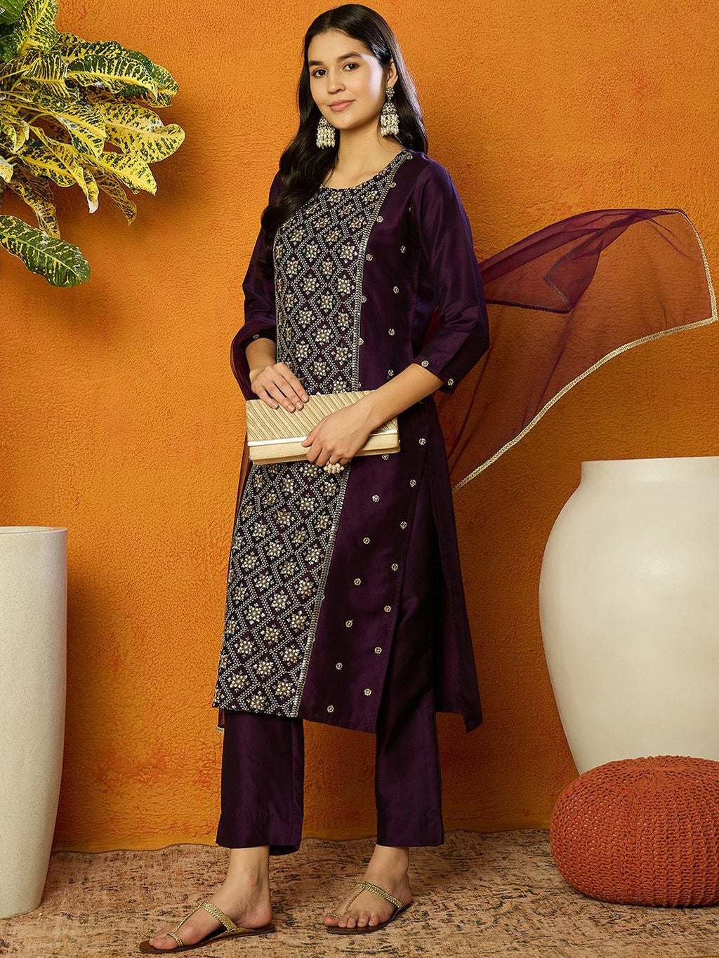 Dhimhi Women's Ethnic Motifs Embroidered Sequinned Straight Kurta with Trousers & Dupatta