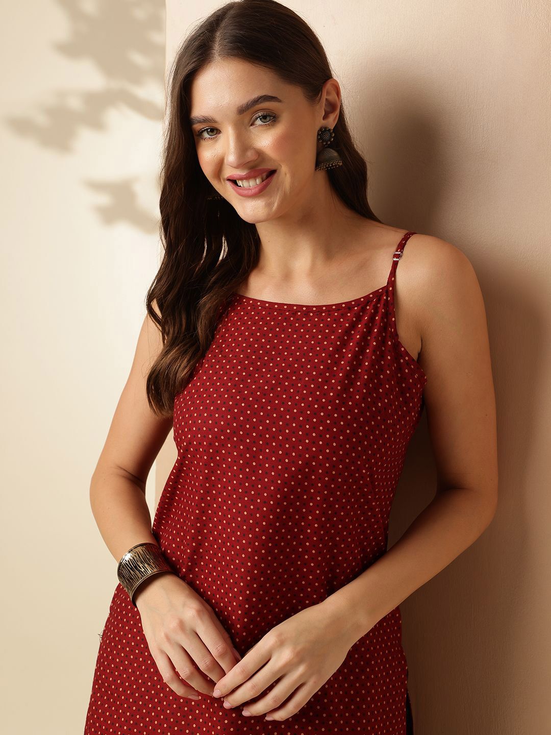 Maroon Polka Dots Printed Shoulder Straps Neck Sleeveless Regular Pure Cotton Kurta