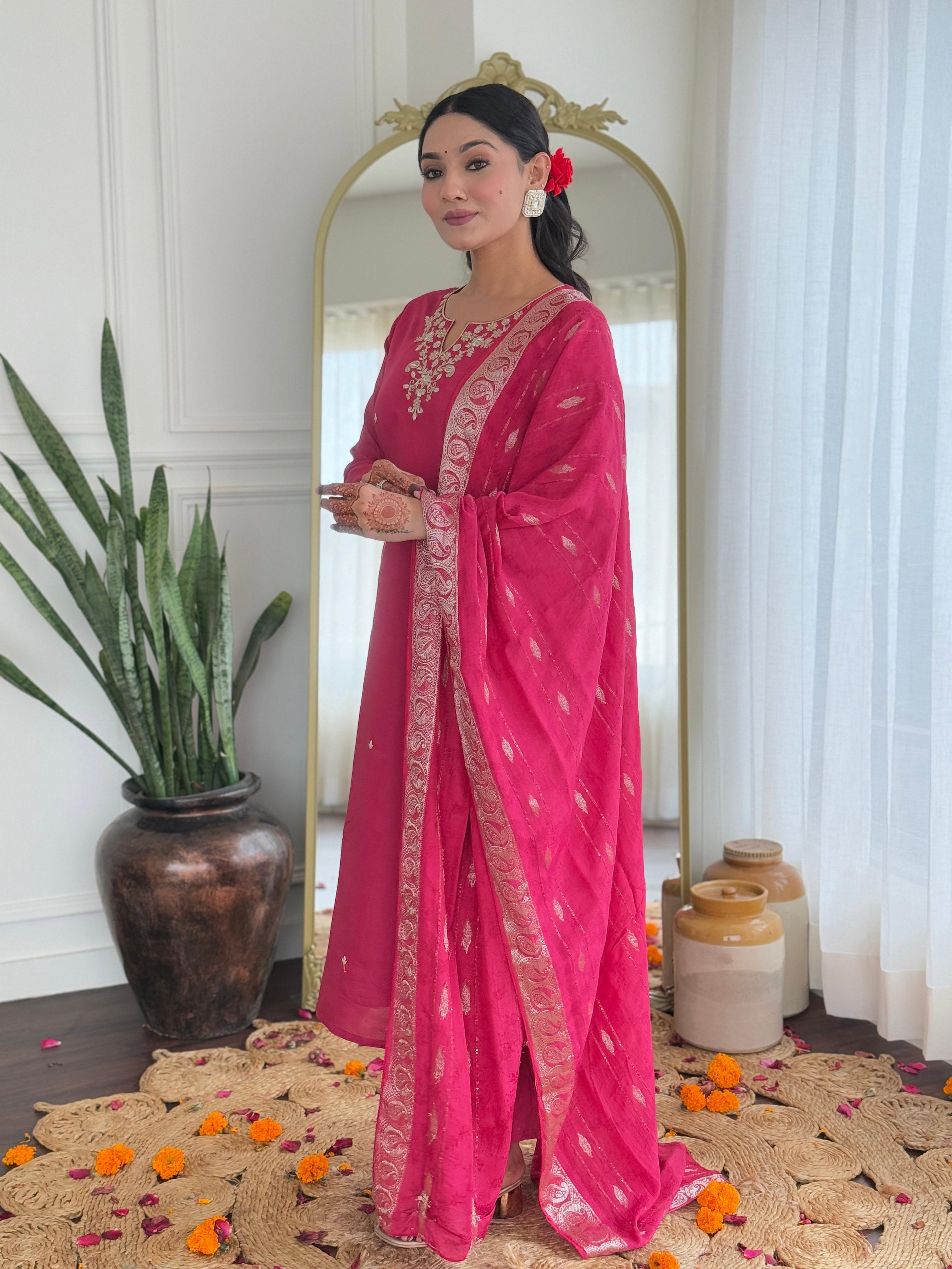 Dhimhi Women's Women's Viscose Silk Embroidery work Straight Kurta with Pant and Dupatta Set