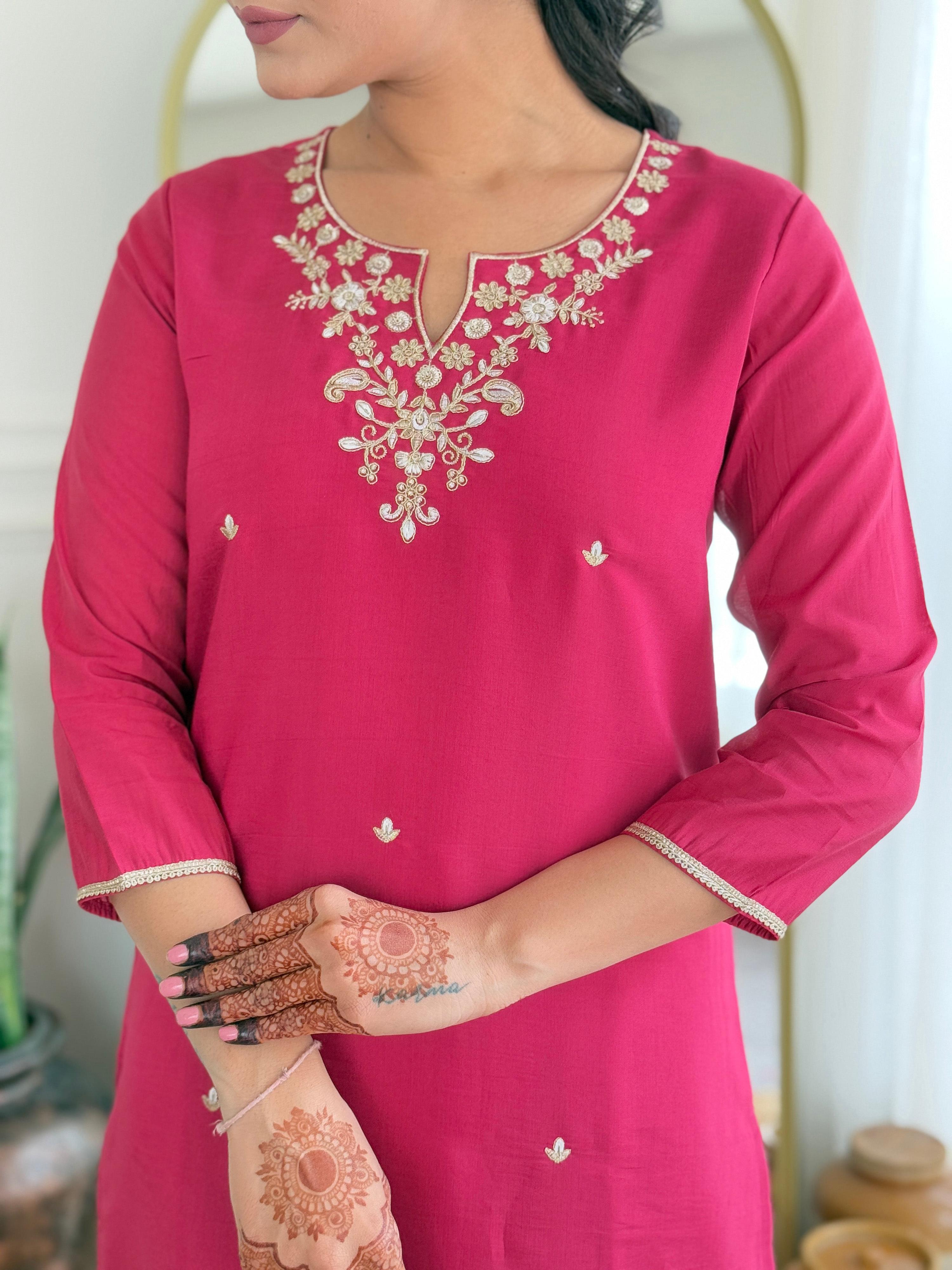 Dhimhi Women's Women's Viscose Silk Embroidery work Straight Kurta with Pant and Dupatta Set