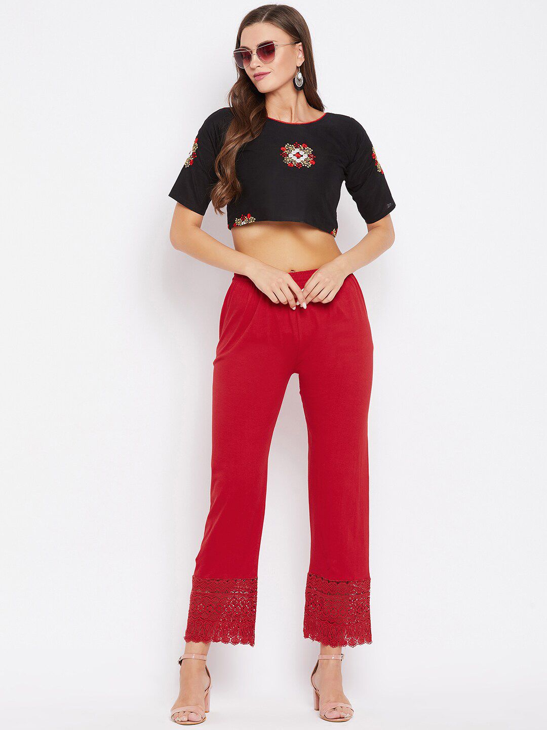 Dhimhi Women's Red Knitted Ethnic Straight Palazzos
