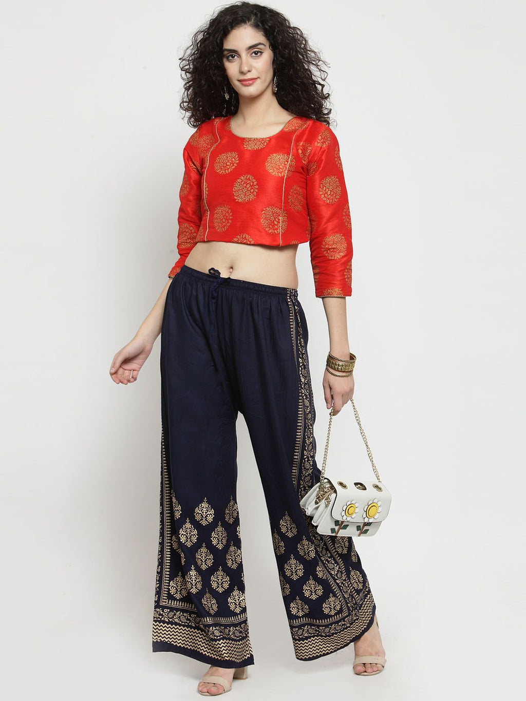 Dhimhi Women's Clora Creations Navy Blue & Gold-Toned Printed Rayon Palazzo