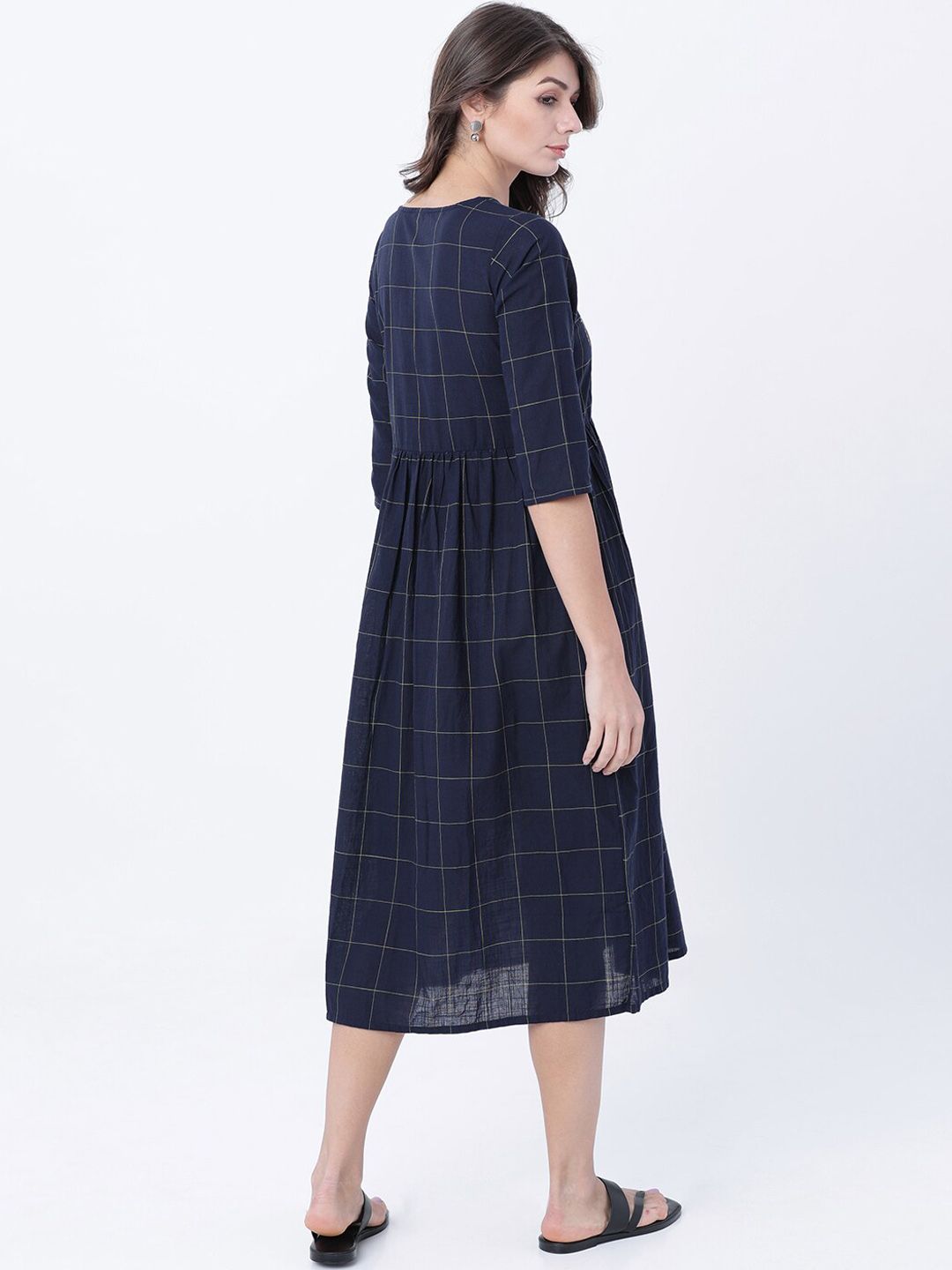 Dhimhi Women's Navy Blue Checked Empire Dress