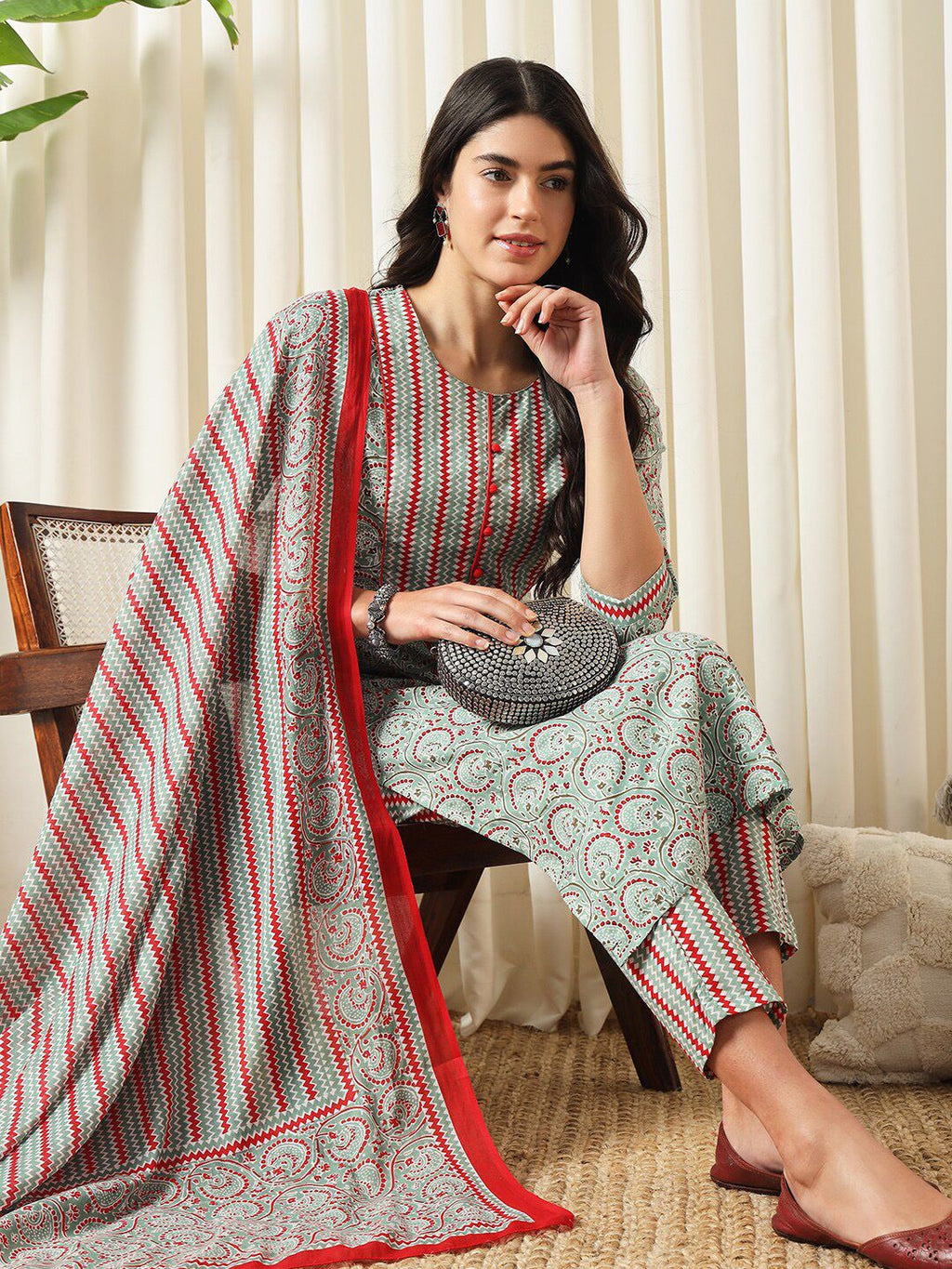 Dhimhi Women's Ethnic Motifs Printed Regular Pure Cotton Kurta with Trousers & Dupatta