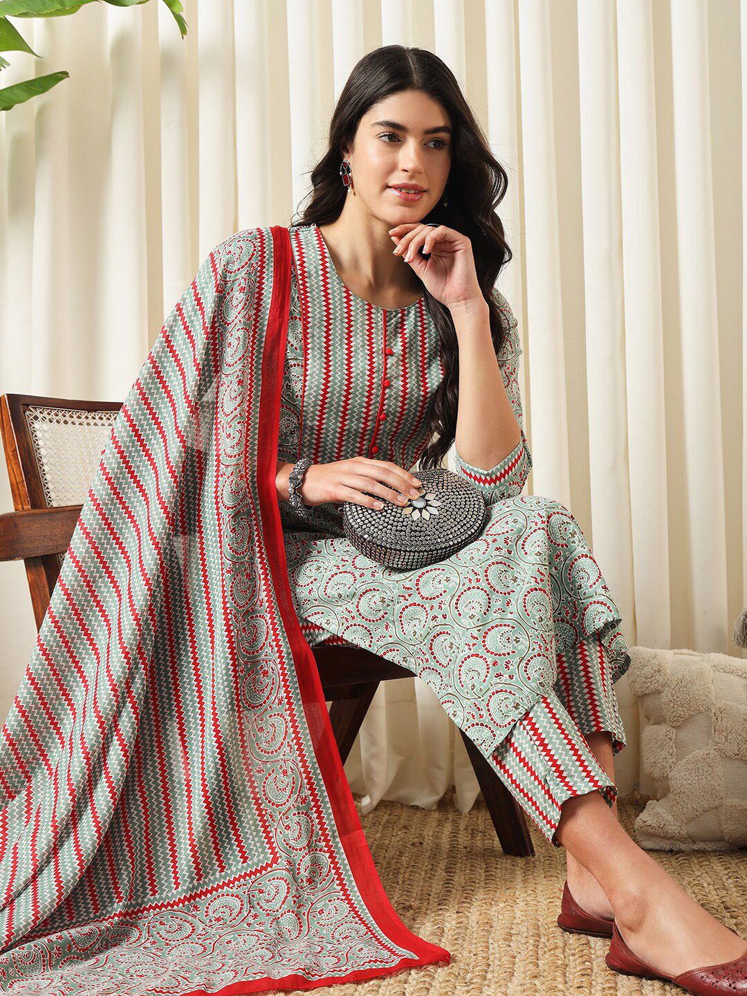 Dhimhi Women's Ethnic Motifs Printed Regular Pure Cotton Kurta with Trousers & Dupatta