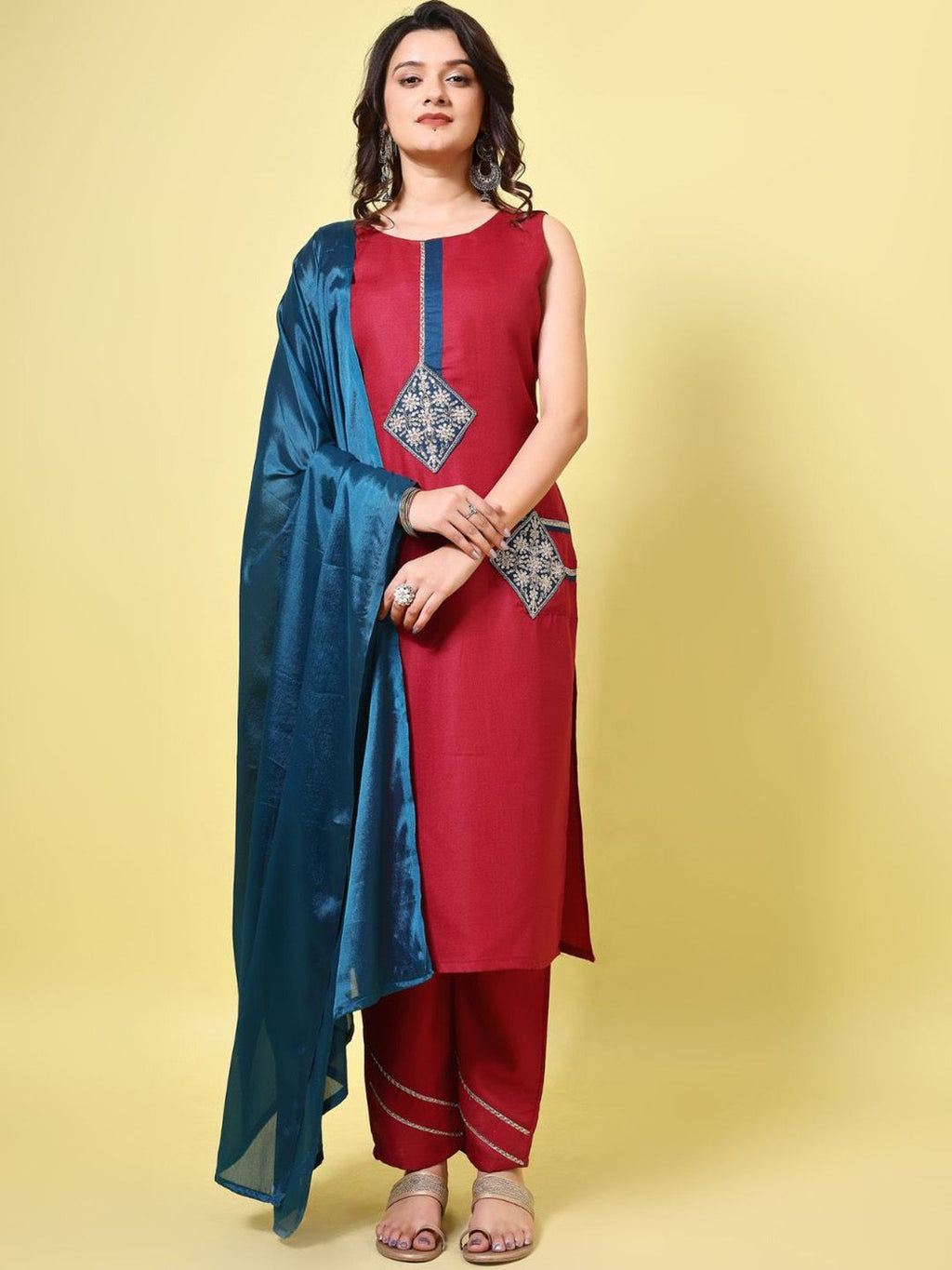 Dhimhi Women's Ethnic Motifs Embroidered Patchwork Straight Kurta with Trouser & Dupatta