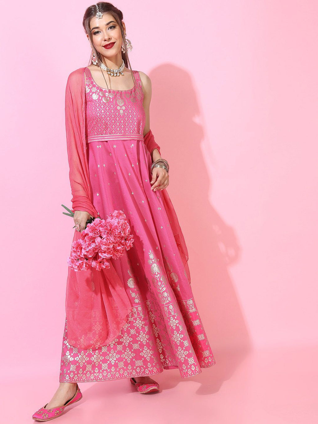 Dhimhi Women's Pink Floral Ethnic Maxi Dress - dhimhi
