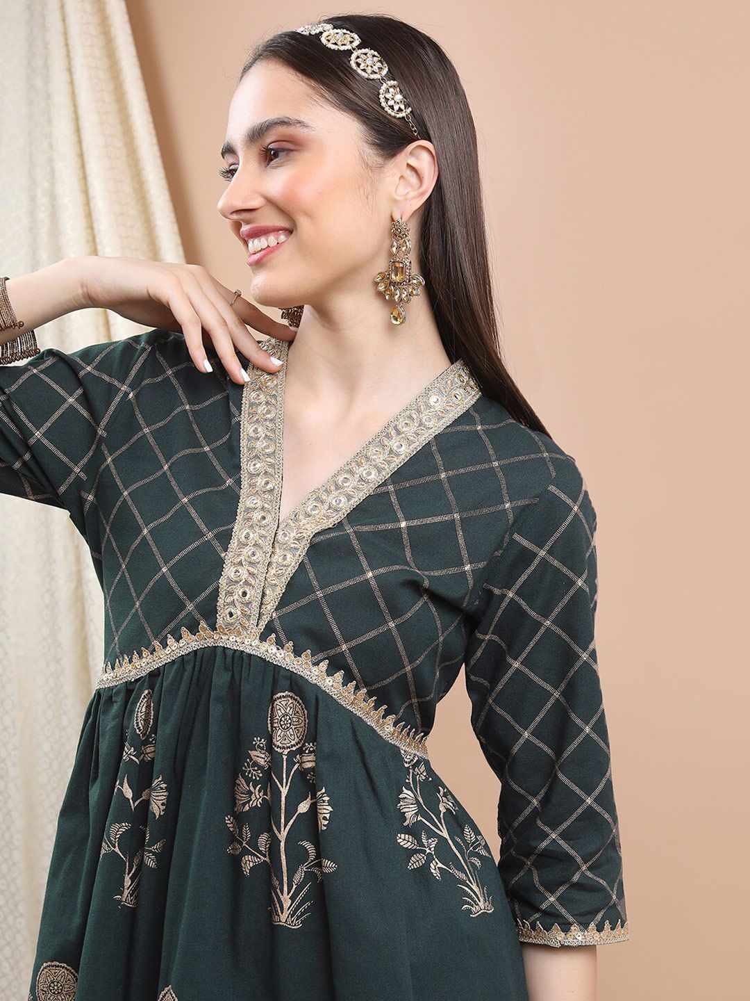 Dhimhi Women's V-Neck Floral Printed Sequined Fit & Flare Ethnic Dress
