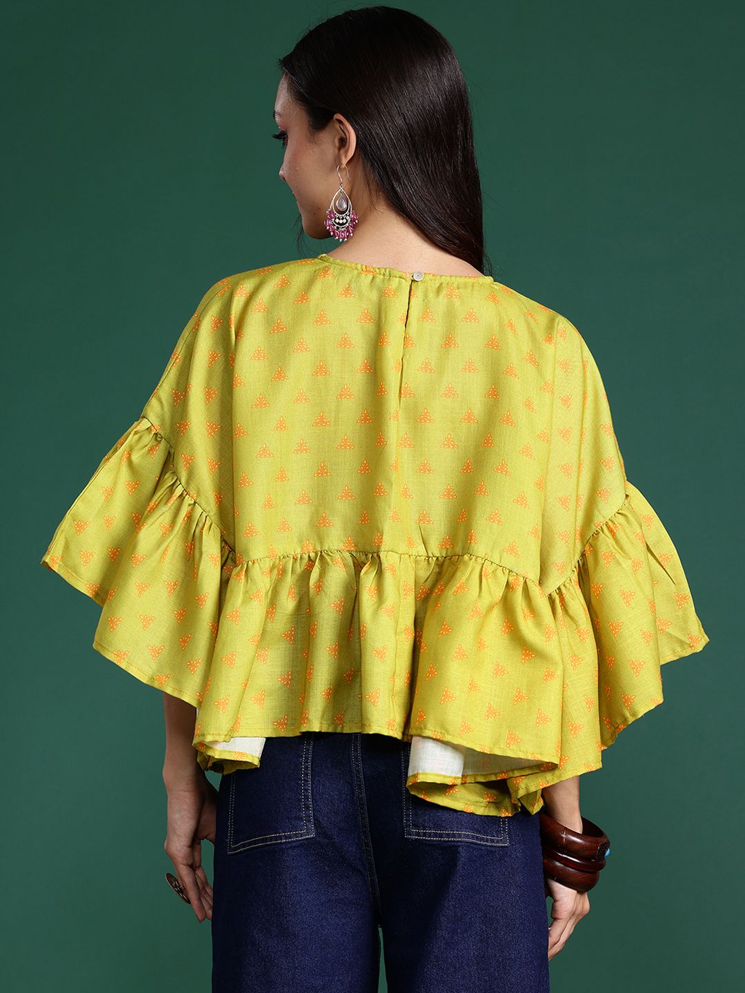 Dhimhi Women's Lime Green Ethnic Motif Bell Sleeve Top