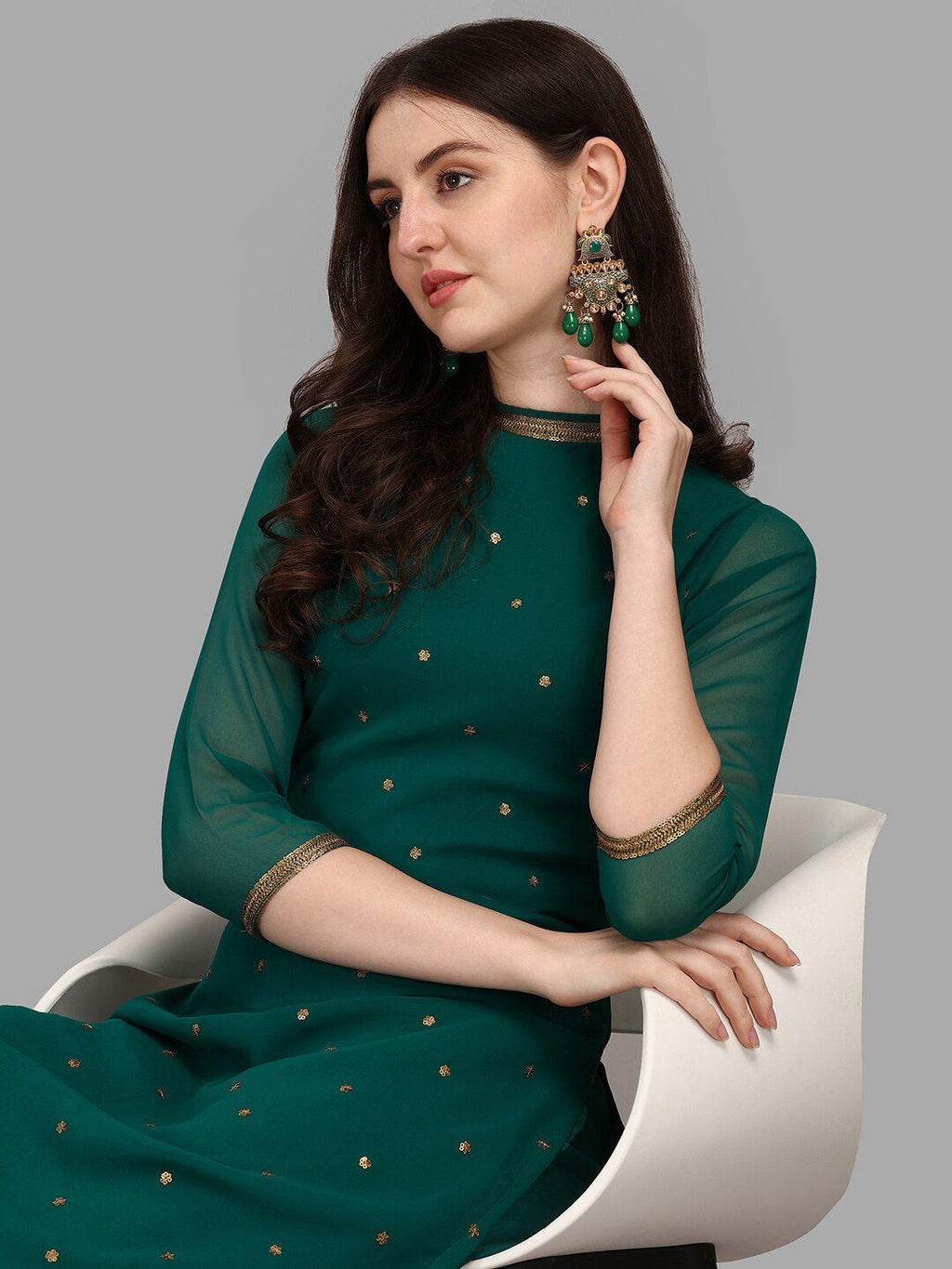 Dhimhi Women's Floral Embroidered Sequinned Kurta With Trouser