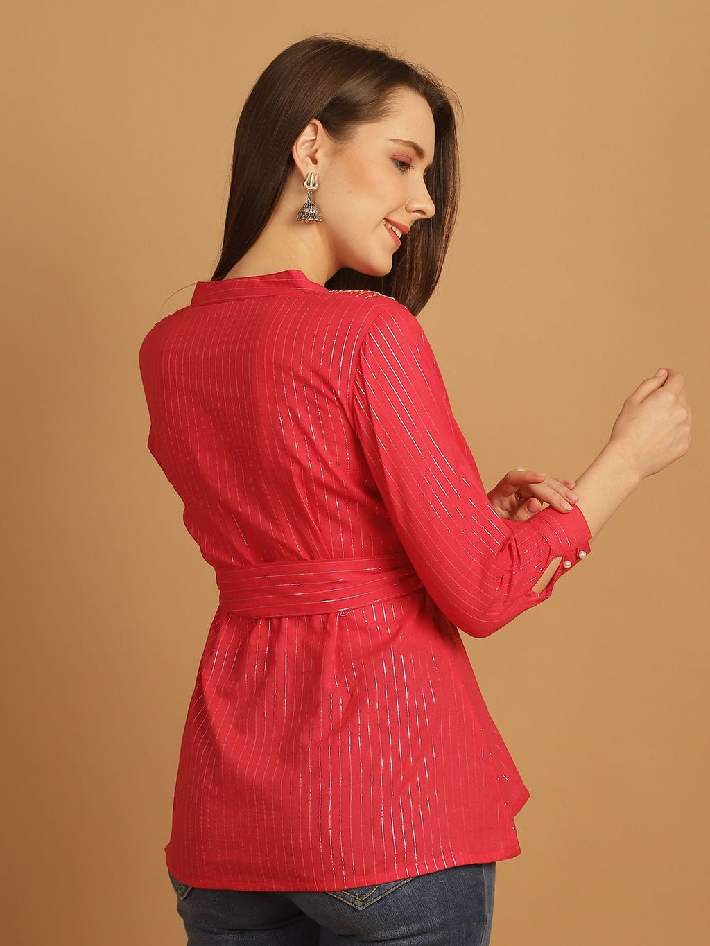 Dhimhi Women's Print Mandarin Collar Ethnic Cotton Cinched Waist Top