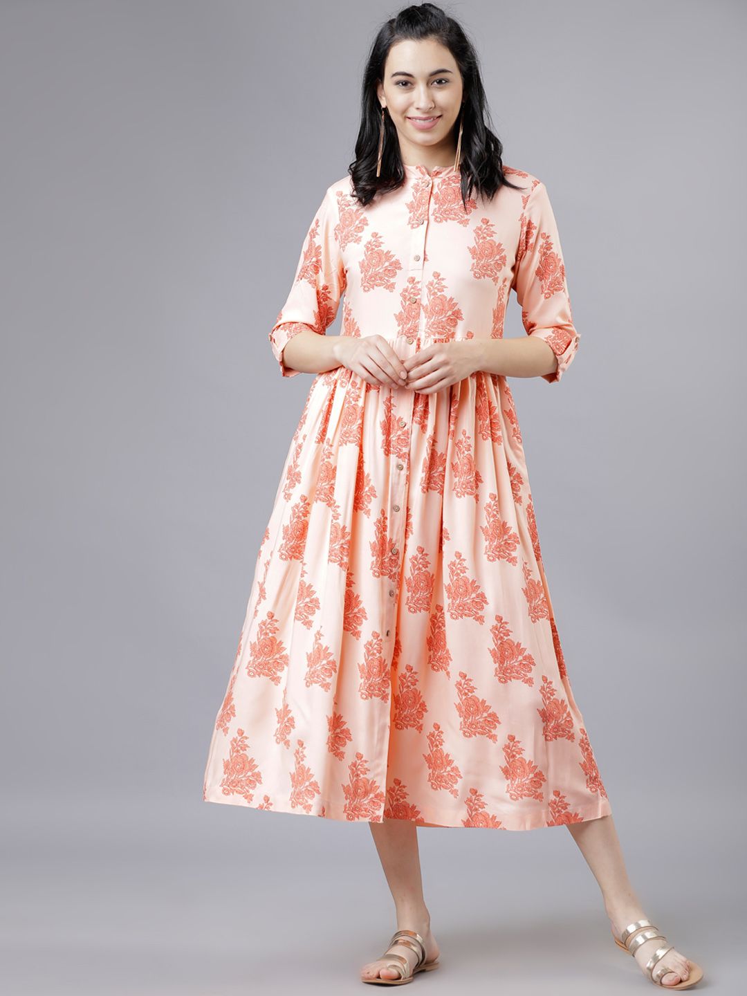 Dhimhi Women's Peach-Coloured Floral Print Fit and Flare Dress