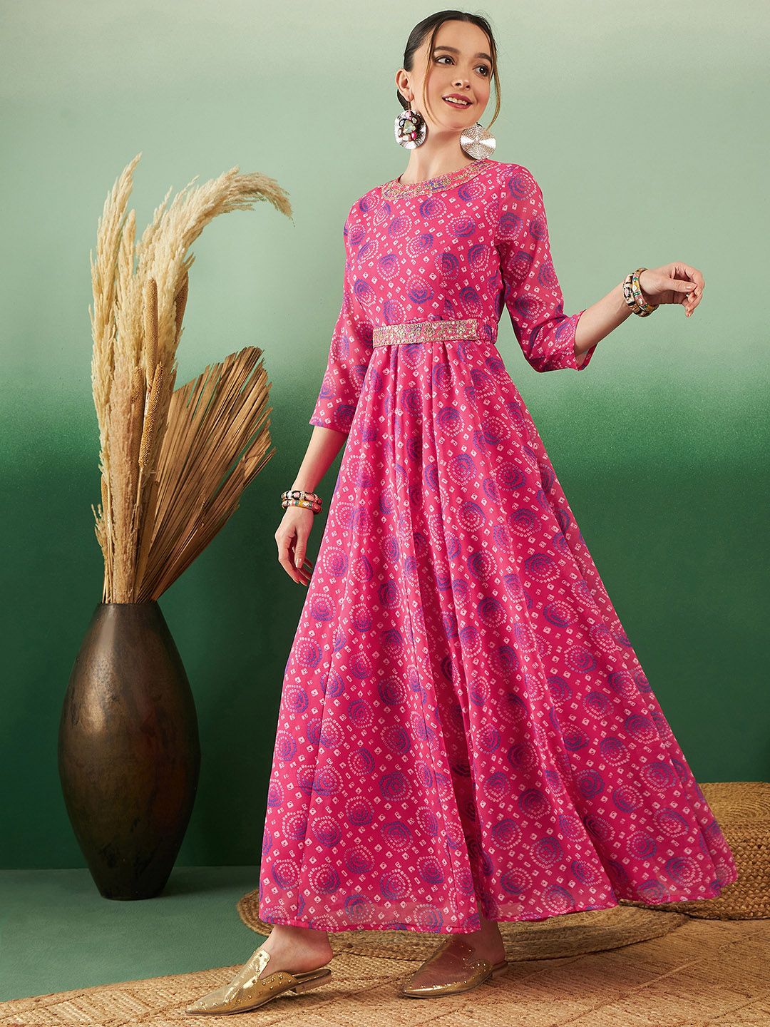 Dhimhi Women's Bandhani Printed Georgette Ethnic Maxi Fit & Flared Dress With Belted Detail