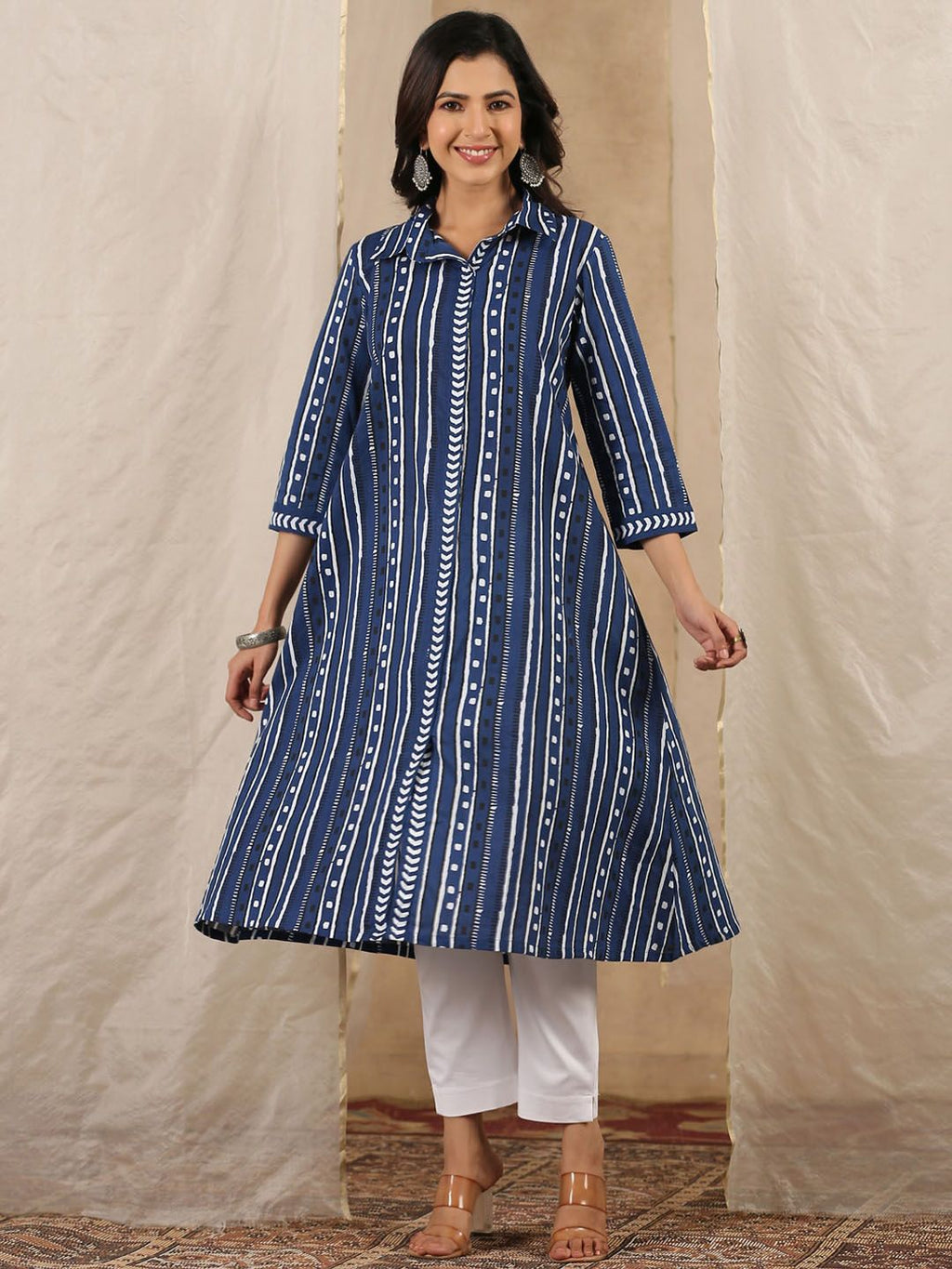Shirt Collar Striped Pure Cotton A-Line Kurta