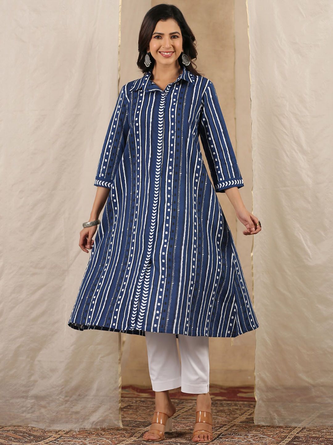 Shirt Collar Striped Pure Cotton A-Line Kurta