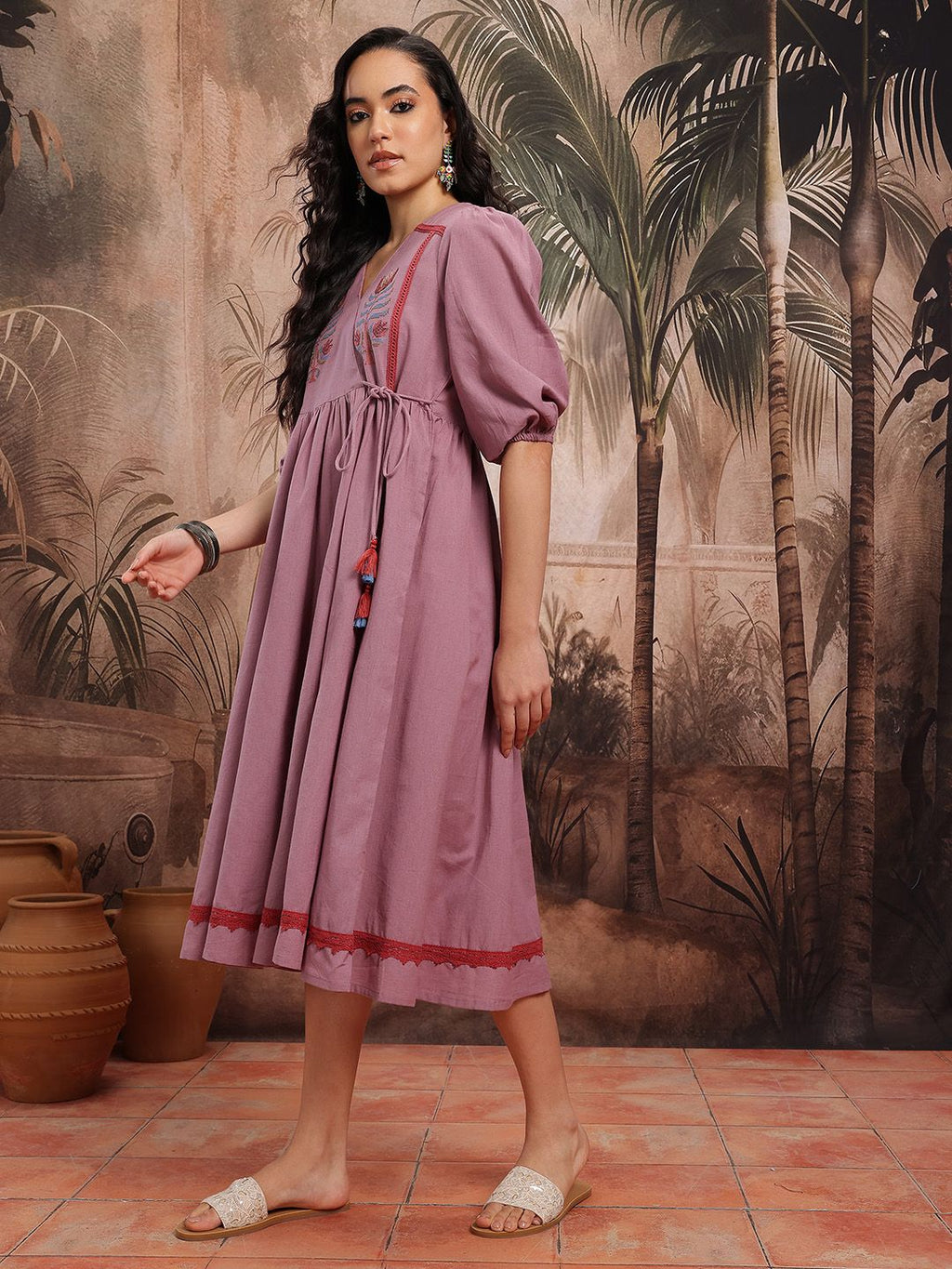 Dhimhi Women's Ethnic Motifs Embroidered Wrap-Style Ethnic Dress