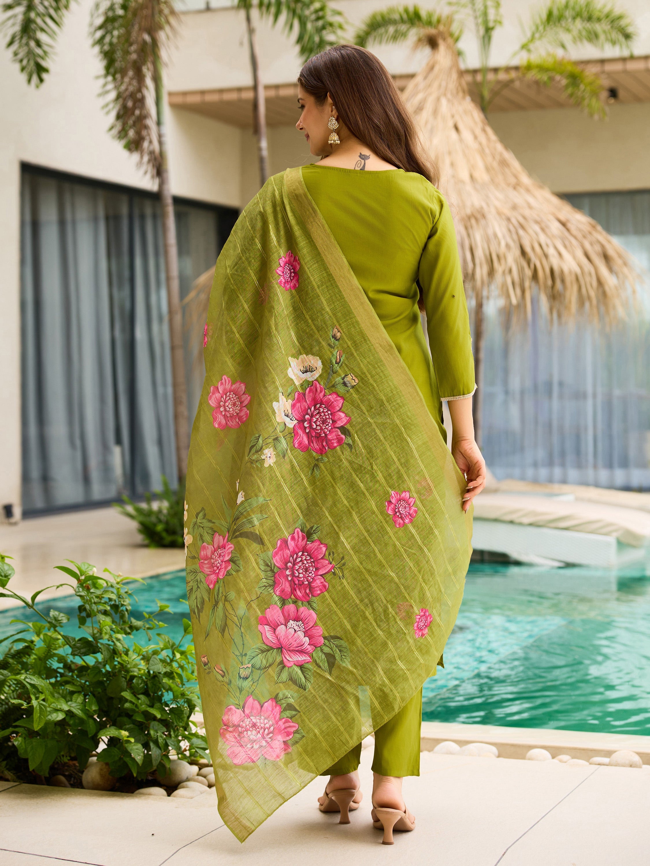 Lime green Dhimhi women's viscose embroidery kurta set with matching pants and dupatta, featuring traditional needlework.
