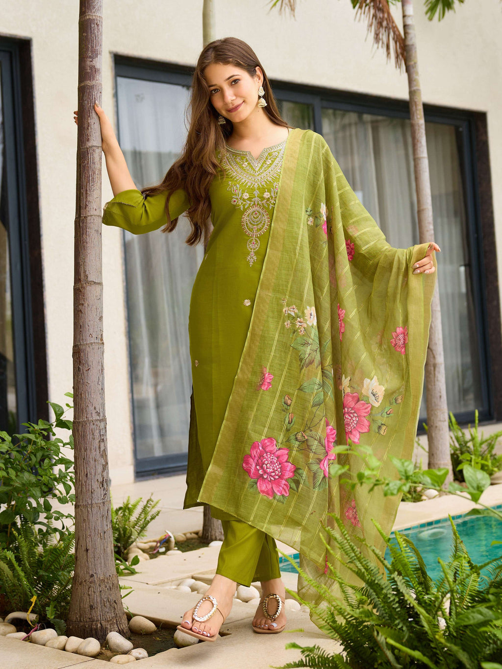 Lime green Dhimhi women's viscose embroidery kurta set with straight kurta, matching pants, and dupatta, detailed embroidery design