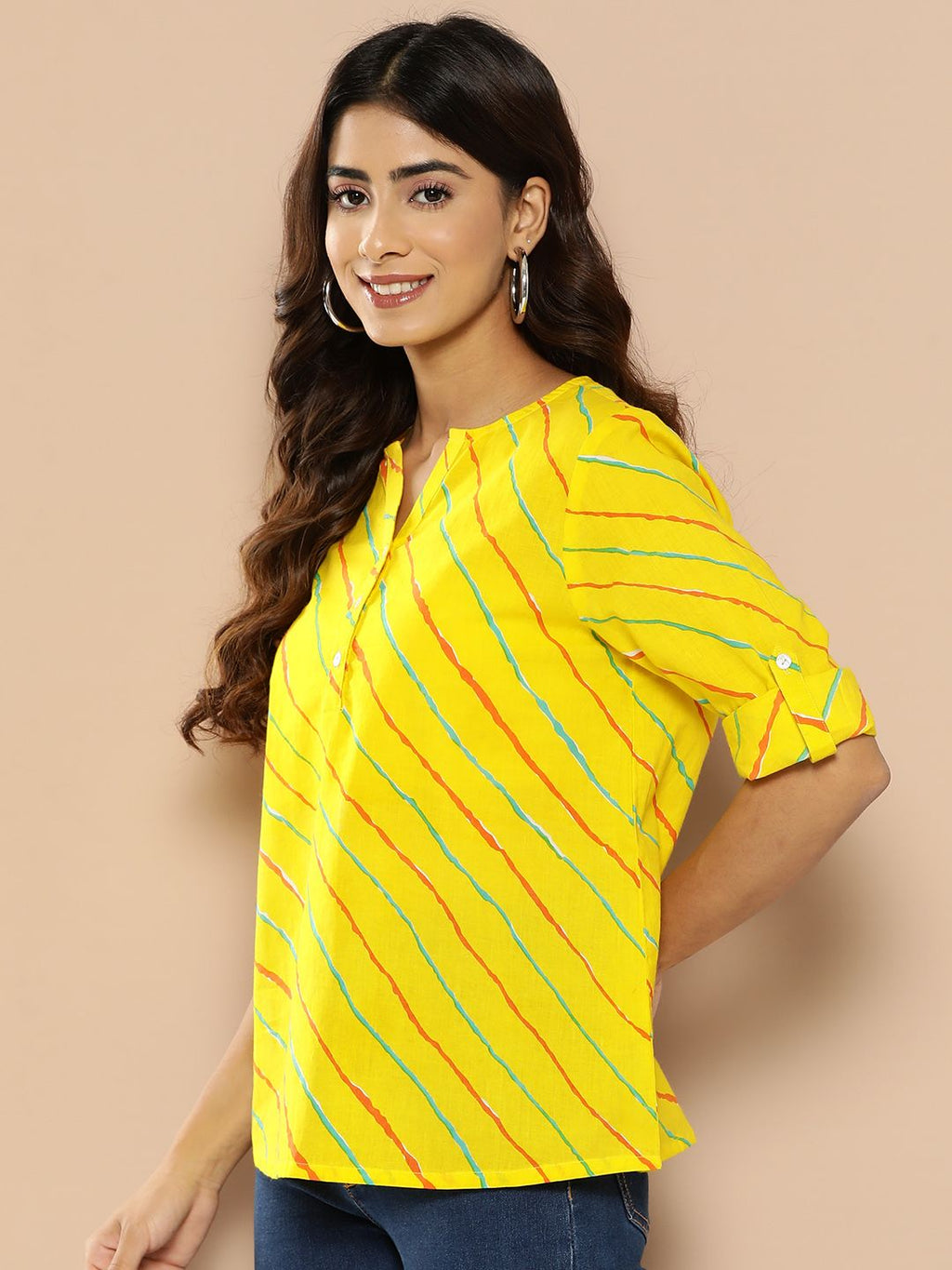 Dhimhi Women's Striped Mandarin Collar Roll-Up Sleeves Cotton Top