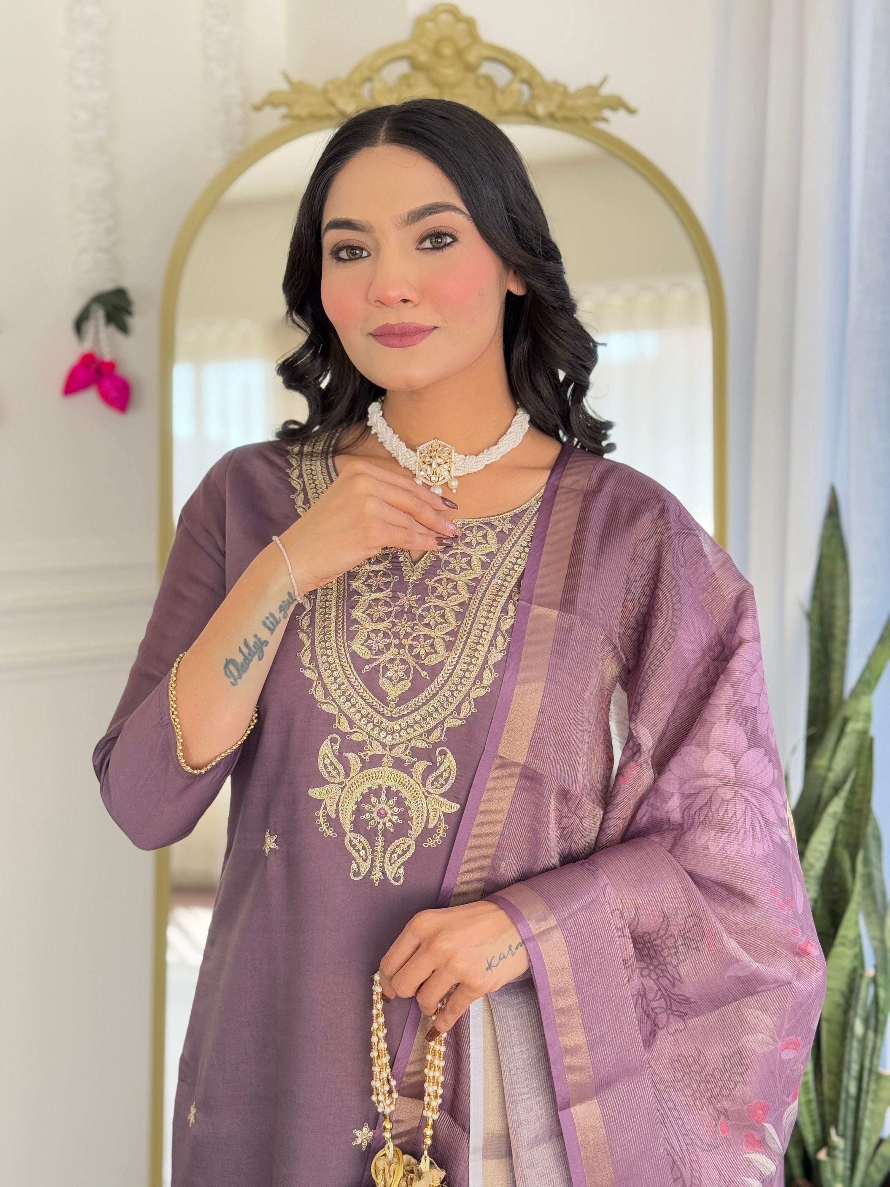 Dhimhi Women's Women's Gorgeous Viscose Embroidery work Straight Kurta with Pant and Dupatta Set