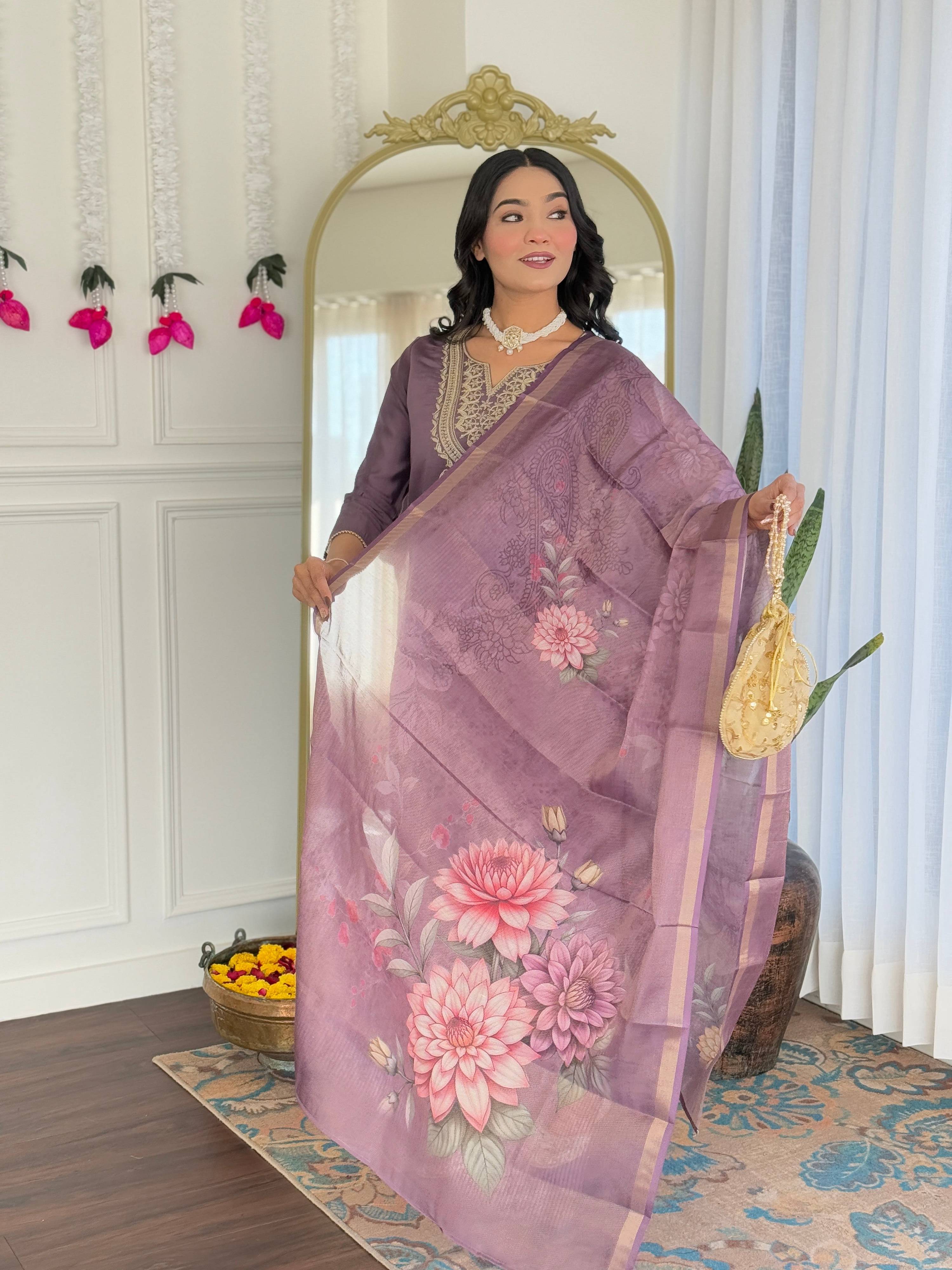 Dhimhi Women's Women's Gorgeous Viscose Embroidery work Straight Kurta with Pant and Dupatta Set