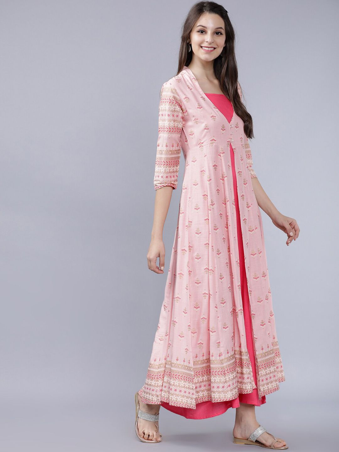 Dhimhi Women's Pink Floral Print Maxi Dress with Shrug