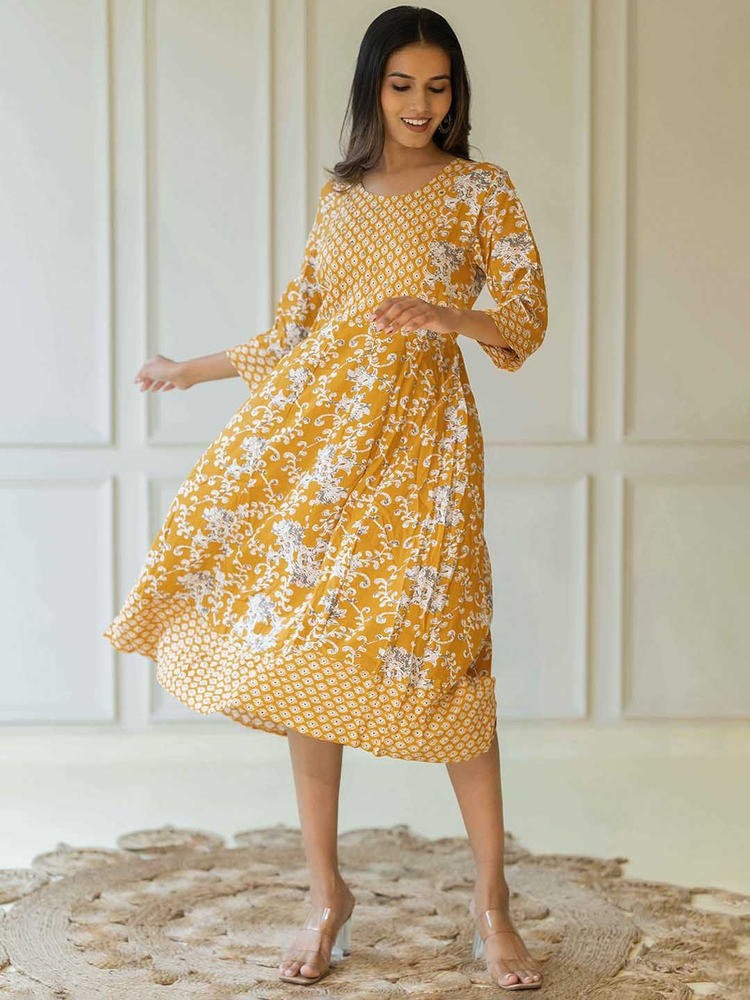 Dhimhi Women's Floral Printed Round Neck Cotton Fit & Flare Midi Ethnic Dress