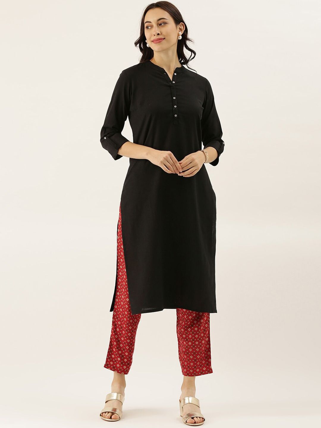 Mandarin Collar Roll-Up Sleeves Cotton Straight Kurta