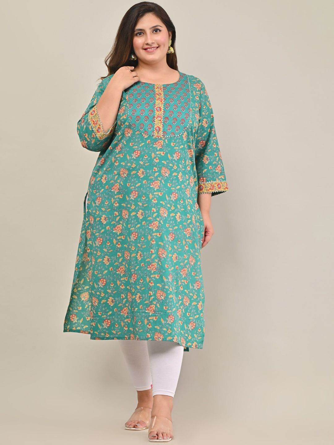 Floral Printed Thread Work Floral Straight Kurta