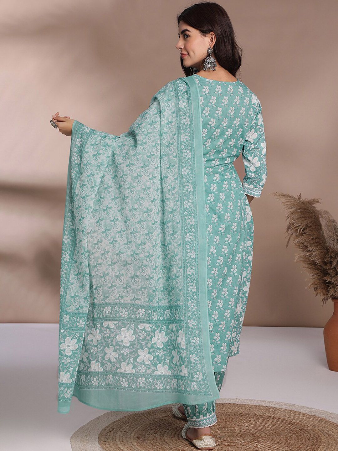 Dhimhi Women Floral Printed Regular Pure Cotton Kurta with Trousers & With Dupatta