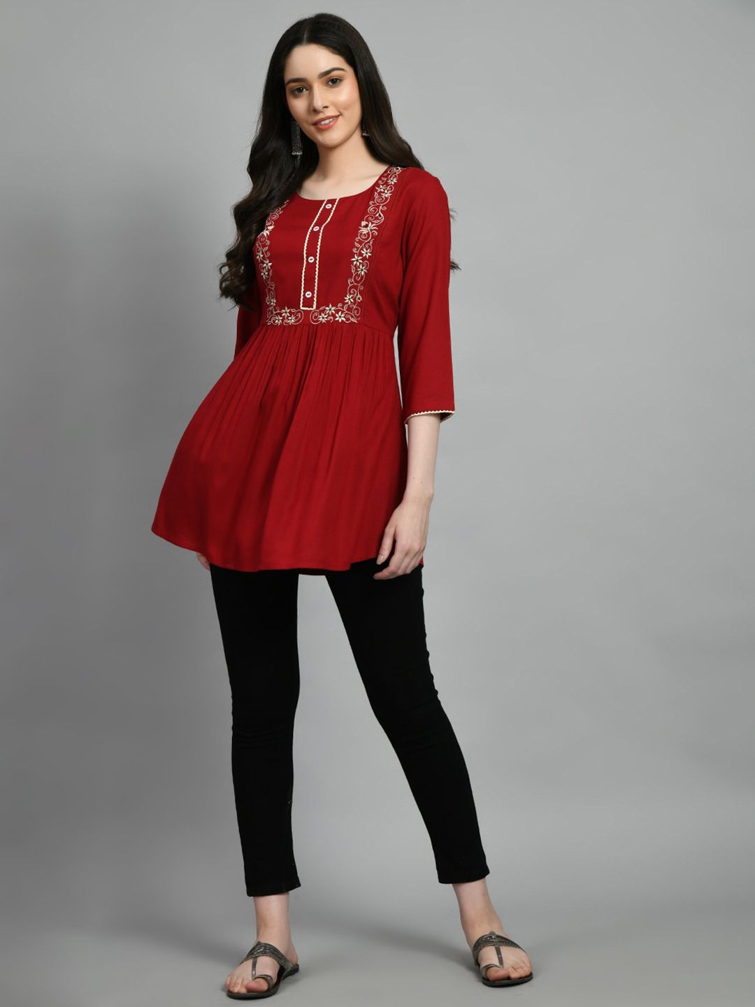 Dhimhi Women's Embroidered Gathered A-Line Tunic