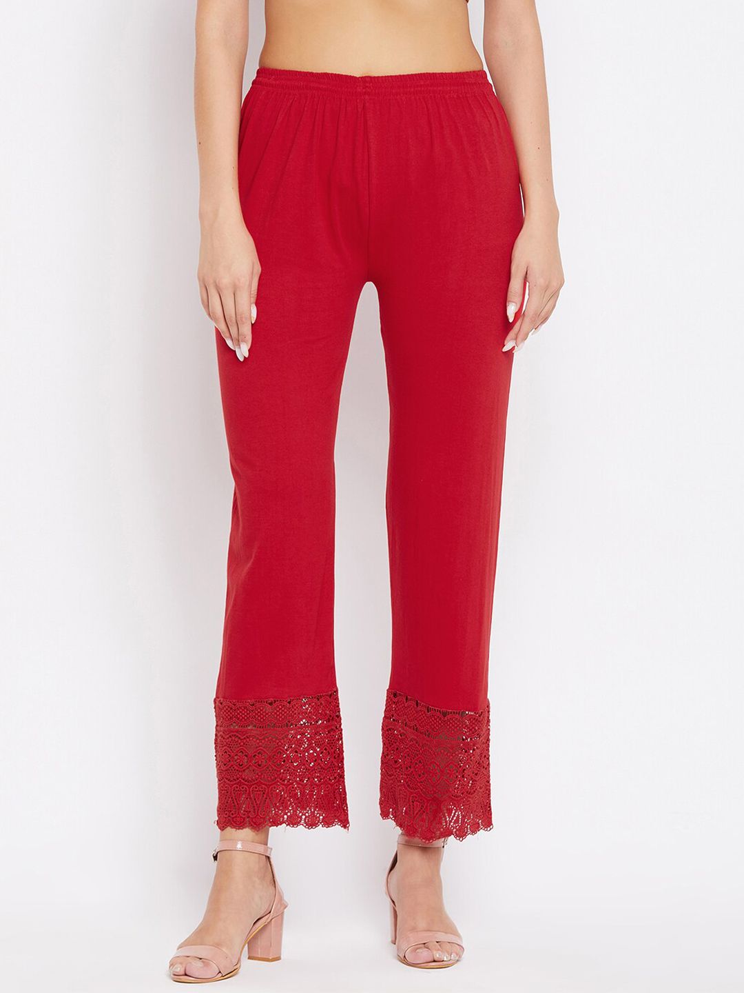 Dhimhi Women's Red Knitted Ethnic Straight Palazzos